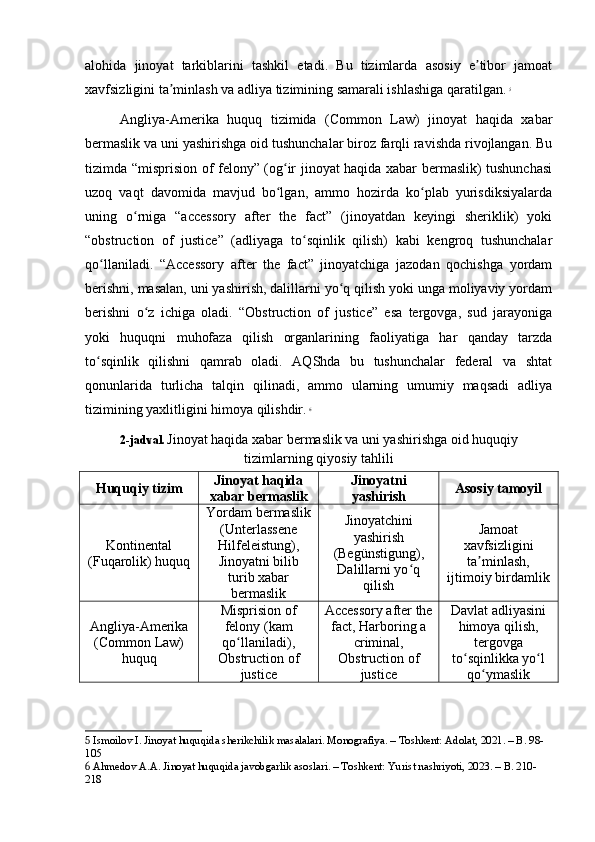 alohida   jinoyat   tarkiblarini   tashkil   etadi.   Bu   tizimlarda   asosiy   e tibor   jamoatʼ
xavfsizligini ta minlash va adliya tizimining samarali ishlashiga qaratilgan.	
ʼ   5
Angliya-Amerika   huquq   tizimida   (Common   Law)   jinoyat   haqida   xabar
bermaslik va uni yashirishga oid tushunchalar biroz farqli ravishda rivojlangan. Bu
tizimda “misprision of felony” (og ir jinoyat haqida xabar bermaslik) tushunchasi	
ʻ
uzoq   vaqt   davomida   mavjud   bo lgan,   ammo   hozirda   ko plab   yurisdiksiyalarda
ʻ ʻ
uning   o rniga   “accessory   after   the   fact”   (jinoyatdan   keyingi   sheriklik)   yoki	
ʻ
“obstruction   of   justice”   (adliyaga   to sqinlik   qilish)   kabi   kengroq   tushunchalar	
ʻ
qo llaniladi.   “Accessory   after   the   fact”   jinoyatchiga   jazodan   qochishga   yordam	
ʻ
berishni, masalan, uni yashirish, dalillarni yo q qilish yoki unga moliyaviy yordam	
ʻ
berishni   o z   ichiga   oladi.   “Obstruction   of   justice”   esa   tergovga,   sud   jarayoniga	
ʻ
yoki   huquqni   muhofaza   qilish   organlarining   faoliyatiga   har   qanday   tarzda
to sqinlik   qilishni   qamrab   oladi.   AQShda   bu   tushunchalar   federal   va   shtat	
ʻ
qonunlarida   turlicha   talqin   qilinadi,   ammo   ularning   umumiy   maqsadi   adliya
tizimining yaxlitligini himoya qilishdir.   6
2-jadval.   Jinoyat haqida xabar bermaslik va uni yashirishga oid huquqiy
tizimlarning qiyosiy tahlili
Huquqiy tizim Jinoyat haqida
xabar bermaslik Jinoyatni
yashirish Asosiy tamoyil
Kontinental
(Fuqarolik) huquq Yordam bermaslik
(Unterlassene
Hilfeleistung),
Jinoyatni bilib
turib xabar
bermaslik Jinoyatchini
yashirish
(Begünstigung),
Dalillarni yo q	
ʻ
qilish Jamoat
xavfsizligini
ta minlash,	ʼ
ijtimoiy birdamlik
Angliya-Amerika
(Common Law)
huquq Misprision of
felony (kam
qo llaniladi),	
ʻ
Obstruction of
justice Accessory after the
fact, Harboring a
criminal,
Obstruction of
justice Davlat adliyasini
himoya qilish,
tergovga
to sqinlikka yo l	
ʻ ʻ
qo ymaslik	
ʻ
5  Ismoilov I. Jinoyat huquqida sherikchilik masalalari. Monografiya. – Toshkent: Adolat, 2021. – B. 98-
105
6  Ahmedov A.A. Jinoyat huquqida javobgarlik asoslari. – Toshkent: Yurist nashriyoti, 2023. – B. 210-
218 