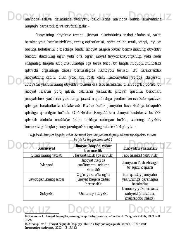 ma noda   adliya   tizimining   faoliyati,   balki   keng   ma noda   butun   jamiyatningʼ ʼ
huquqiy barqarorligi va xavfsizligidir.   14
Jinoyatning   obyektiv   tomoni   jinoyat   qilmishining   tashqi   ifodasini,   ya ni	
ʼ
harakat   yoki   harakatsizlikni,   uning   oqibatlarini,   sodir   etilish   usuli,   vaqti,   joyi   va
boshqa   holatlarini   o z   ichiga   oladi.   Jinoyat   haqida   xabar   bermaslikning   obyektiv	
ʻ
tomoni   shaxsning   og ir   yoki   o ta   og ir   jinoyat   tayyorlanayotganligi   yoki   sodir
ʻ ʻ ʻ
etilganligi   haqida   aniq   ma lumotga   ega   bo la   turib,   bu   haqda   huquqni   muhofaza	
ʼ ʻ
qiluvchi   organlarga   xabar   bermasligida   namoyon   bo ladi.   Bu   harakatsizlik	
ʻ
jinoyatning   oldini   olish   yoki   uni   fosh   etish   imkoniyatini   yo qqa   chiqaradi.	
ʻ
Jinoyatni yashirishning obyektiv tomoni esa faol harakatlar bilan bog liq bo lib, bu	
ʻ ʻ
jinoyat   izlarini   yo q   qilish,   dalillarni   yashirish,   jinoyat   qurolini   berkitish,	
ʻ
jinoyatchini   yashirish   yoki   unga   jazodan   qochishga   yordam   berish   kabi   qasddan
qilingan   harakatlarda   ifodalanadi.   Bu   harakatlar   jinoyatni   fosh   etishga   to sqinlik	
ʻ
qilishga   qaratilgan   bo ladi.   O zbekiston   Respublikasi   Jinoyat   kodeksida   bu   ikki	
ʻ ʻ
qilmish   alohida   moddalar   bilan   tartibga   solingan   bo lib,   ularning   obyektiv	
ʻ
tomonidagi farqlar jinoiy javobgarlikning chegaralarini belgilaydi.   15
4-jadval.   Jinoyat haqida xabar bermaslik va uni yashirish jinoyatlarining obyektiv tomoni
bo yicha taqqoslama tahlili	
ʻ
Xususiyat Jinoyat haqida xabar
bermaslik Jinoyatni yashirish
Qilmishning tabiati Harakatsizlik (passivlik) Faol harakat (aktivlik)
Maqsad Jinoyat haqida
ma lumotni oshkor	
ʼ
etmaslik Jinoyatni fosh etishga
to sqinlik qilish	ʻ
Javobgarlikning asosi Og ir yoki o ta og ir	
ʻ ʻ ʻ
jinoyat haqida xabar
bermaslik Har qanday jinoyatni
yashirishga qaratilgan
harakatlar
Subyekt Umumiy subyekt Umumiy yoki maxsus
subyekt (masalan,
mansabdor shaxs)
14  Karimova L. Jinoyat huquqida jazoning muqarrarligi prinsipi. – Toshkent: Yangi asr avlodi, 2023. – B.
90-97
15  Eshonqulov A. Jinoyat huquqida huquqiy nihilistik kayfiyatlarga qarshi kurash. – Toshkent: 
Innovatsiya nashriyoti, 2022. – B. 55-62 