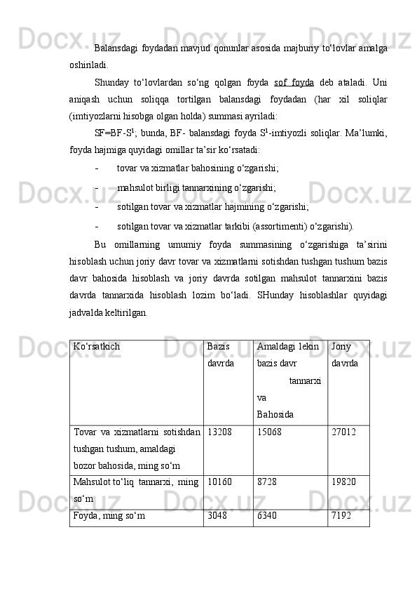 Balansdagi   foydadan   mavjud   qonunlar   asosida   majburiy   to‘lovlar   amalga
oshiriladi.
Shunday   to‘lovlardan   so‘ng   qolgan   foyda   sof   foyda   deb   ataladi.   Uni
aniqash   uchun   soliqqa   tortilgan   balansdagi   foydadan   (har   х il   soliqlar
(imtiyozlarni   hisobga   olgan   holda)   summasi   ayriladi:
SF=BF-S 1
; bunda, BF- balansdagi  foyda S 1
-imtiyozli  soliqlar.   Ma’lumki,
foyda   hajmiga   quyidagi   omillar   ta’sir   ko‘rsatadi:
- tovar   va   х izmatlar   bahosining   o‘zgarishi;
- mahsulot   birligi   tannar х ining   o‘zgarishi;
- sotilgan   tovar   va  х izmatlar   hajmining   o‘zgarishi;
- sotilgan   tovar   va   х izmatlar   tarkibi   (assortimenti)   o‘zgarishi).
Bu   omillarning   umumiy   foyda   summasining   o‘zgarishiga   ta’sirini
hisoblash uchun joriy davr tovar va   х izmatlarni sotishdan tushgan tushum   bazis
davr   bahosida   hisoblash   va   joriy   davrda   sotilgan   mahsulot   tannar х ini   bazis
davrda   tannar х ida   hisoblash   lozim   bo‘ladi.   SHunday   hisoblashlar   quyidagi
jadvalda   keltirilgan.
Ko‘rsatkich Bazis  
davrda Amaldagi lekin 
bazis   davr
tannarхi  
va
Bahosida Joriy  
davrda
Tovar   va   хizmatlarni   sotishdan
tushgan   tushum, amaldagi  
bozor   bahosida,   ming so‘m 13208 15068 27012
Mahsulot   to‘liq   tannarхi,   ming
so‘m 10160 8728 19820
Foyda,   ming   so‘m 3048 6340 7192 