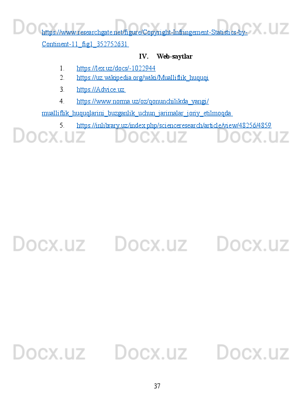 https    ://    www    .   researchgate    .   net    /   figure    /   Copyright    -   Infringement    -   Statistics    -   by    -  
Continent    -11_    fig    1_352752631       
IV. Web-saytlar
1. https://lex.uz/docs/-1022944      
2. https://uz.wikipedia.org/wiki/Mualliflik_huquqi     
3. https://Advice.uz       
4. https://www.norma.uz/oz/qonunchilikda_yangi/   
mualliflik_huquqlarini_buzganlik_uchun_jarimalar_joriy_etilmoqda       
5. https://inlibrary.uz/index.php/scienceresearch/article/view/48256/4859   
37 