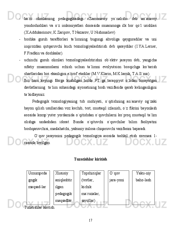 - ba`zi   olimlarning   pedagogikadagi   «Zamonaviy   yo`nalish»   deb   an`anaviy
yondoshishlari   va   o`z   imkoniyatlari   doirasida   muammoga   ilk   bor   qo`l   urishlari
(X.Addukarimov, K.Zaripov, T.Nazarov, U.Nishonaliev)
- boshka   guruh   tarafdorlari   ta`limning   bugungi   ahvoliga   qayguradilar   va   uni
inqirozdan   qutqaruvchi   kuch   texnologiyalashtirish   deb   qaraydilar   (I.YA.Lerner,
F.Fradkin va doshkalar).
- uchinchi   guruh   olimlari   texnologiyalashtirishni   ob`ektiv   jarayon   deb,   yangicha
sifatiy   muammolarni   echish   uchun   ta`limni   evolyutsion   bosqichga   ko`tarish
shartlaridan biri ekanligini e`tirof etadilar (M.V.Klarin, M.K.larrik, T.A.Il`ina).
Biz   ham   keyingi   fikrga   kushilgan   holda   PT   ga   taraqqiyot   o`lidan   borayotgan
davlatlarning     ta`lim   sohasidagi   siyosatining   bosh   vazifasida   qarab   kelinganligini
ta`kidlaymiz.
Pedagogik   texnologiyaning   tub   mohiyati,   o`qitishning   an`anaviy   og`zaki
bayon   qilish   usullaridan   voz   kechib,   test,   mustaqil   izlanish,   o`z   fikrini   bayonlash
asosida   komp`yuter   yordamida   o`qitishdan   o`quvchilarni   ko`proq   mustaqil   ta`lim
olishga   undashdan   idorat.   Bunda   o`qituvchi   o`quvchilar   bilim   faoliyatini
boshqaruvchisi, maslahatchi, yakuniy xulosa chiqaruvchi vazifasini bajaradi.
O`quv   jarayonini   pedagogik   texnologiya   asosida   tashkil   etish   sxemasi   1-
rasmda berilgan.
Tuzatishlar kiritish
Umumpeda
gogik
maqsad-lar Xususiy
aniqlashtir
ilgan
pedagogik
maqsadlar Topshiriqlar
(testlar,
kichik
ma`ruzalar,
savollar) O`quv
jara-yoni Yaku-niy
baho-lash
Tuzatishlar kiritish.
17