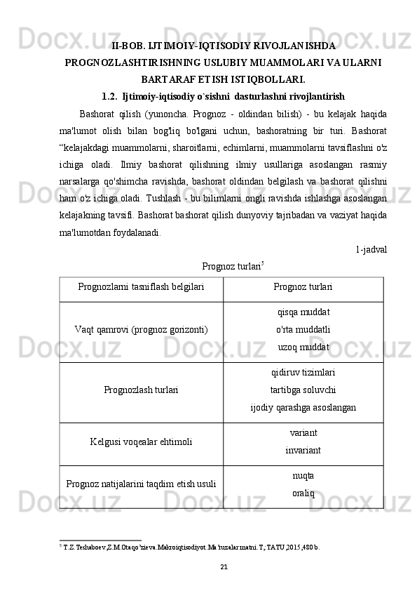 II-BOB. IJTIMOIY-IQTISODIY RIVOJLANISHDA
PROGNOZLASHTIRISHNING USLUBIY MUAMMOLARI VA ULARNI
BARTARAF ETISH ISTIQBOLLARI.
1.2.  Ijtimoiy-iqtisodiy o`sishni    dasturlashni rivojlantirish
Bashorat   qilish   (yunoncha.   Prognoz   -   oldindan   bilish)   -   bu   kelajak   haqida
ma'lumot   olish   bilan   bog'liq   bo'lgani   uchun,   bashoratning   bir   turi.   Bashorat
“kelajakdagi muammolarni, sharoitlarni, echimlarni, muammolarni tavsiflashni o'z
ichiga   oladi.   Ilmiy   bashorat   qilishning   ilmiy   usullariga   asoslangan   rasmiy
narsalarga   qo'shimcha   ravishda,   bashorat   oldindan   belgilash   va   bashorat   qilishni
ham o'z ichiga oladi. Tushlash - bu bilimlarni ongli ravishda ishlashga asoslangan
kelajakning tavsifi. Bashorat bashorat qilish dunyoviy tajribadan va vaziyat haqida
ma'lumotdan foydalanadi. 
1-jadval
Prognoz turlari 5
Prognozlarni tasniflash belgilari Prognoz turlari
Vaqt qamrovi (prognoz gorizonti) qisqa muddat
o'rta muddatli
uzoq muddat
Prognozlash turlari qidiruv tizimlari
tartibga soluvchi
ijodiy qarashga asoslangan
Kelgusi voqealar ehtimoli variant
invariant
Prognoz natijalarini taqdim etish usuli nuqta
oraliq
5
  T.Z.Teshaboev,Z.M.Otaqo’zieva.Makroiqtisodiyot.Ma’ruzalar matni.T,:TATU,2015,480 b.
21