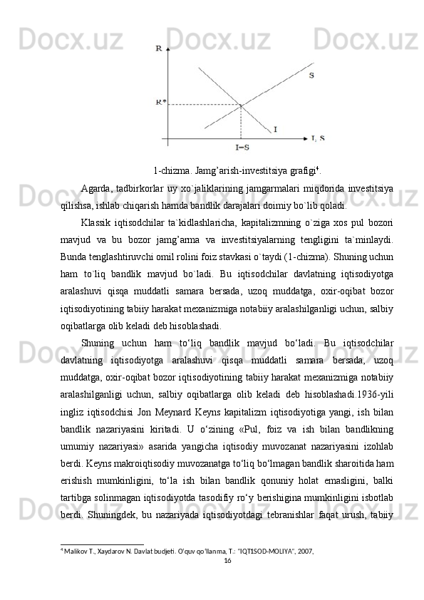 1-chizma. Jamg’arish-investitsiya grafigi 4
.
Agarda,   tadbirkorlar   uy   xo`jaliklarining   jamgarmalari   miqdorida   investitsiya
qilishsa, ishlab chiqarish hamda bandlik darajalari doimiy bo`lib qoladi. 
Klassik   iqtisodchilar   ta`kidlashlaricha,   kapitalizmning   o`ziga   xos   pul   bozori
mavjud   va   bu   bozor   jamg’arma   va   investitsiyalarning   tengligini   ta`minlaydi.
Bunda tenglashtiruvchi omil rolini foiz stavkasi o`taydi (1-chizma). Shuning uchun
ham   to`liq   bandlik   mavjud   bo`ladi.   Bu   iqtisodchilar   davlatning   iqtisodiyotga
aralashuvi   qisqa   muddatli   samara   bersada,   uzoq   muddatga,   oxir-oqibat   bozor
iqtisodiyotining tabiiy harakat mexanizmiga notabiiy aralashilganligi uchun, salbiy
oqibatlarga olib keladi deb hisoblashadi.
Shuning   uchun   ham   to‘liq   bandlik   mavjud   bo‘ladi.   Bu   iqtisodchilar
davlatning   iqtisodiyotga   aralashuvi   qisqa   muddatli   samara   bersada,   uzoq
muddatga, oxir-oqibat bozor iqtisodiyotining tabiiy harakat mexanizmiga notabiiy
aralashilganligi   uchun,   salbiy   oqibatlarga   olib   keladi   deb   hisoblashadi.1936-yili
ingliz   iqtisodchisi   Jon   Meynard   Keyns   kapitalizm   iqtisodiyotiga   yangi,   ish   bilan
bandlik   nazariyasini   kiritadi.   U   o‘zining   «Pul,   foiz   va   ish   bilan   bandlikning
umumiy   nazariyasi»   asarida   yangicha   iqtisodiy   muvozanat   nazariyasini   izohlab
berdi. Keyns makroiqtisodiy muvozanatga to‘liq bo‘lmagan bandlik sharoitida ham
erishish   mumkinligini,   to‘la   ish   bilan   bandlik   qonuniy   holat   emasligini,   balki
tartibga solinmagan iqtisodiyotda tasodifiy ro‘y berishigina mumkinligini isbotlab
berdi.   Shuningdek,   bu   nazariyada   iqtisodiyotdagi   tebranishlar   faqat   urush,   tabiiy
4
 Malikov T., Xaydarov N. Davlat budjeti. O‘quv qo‘llanma, T.: "IQT1SOD-MOLIYA", 2007,
16 