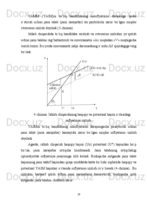 YAMM   (YAIM)ni   to`liq   bandlilikning   noinflyatsion   darajasiga   qadar
o`stirish   uchun   jami   talab   (jami   xarajatlar)   ko`paytirilishi   zarur   bo`lgan   miqdor
retsession uzilish deyiladi (3-chizma).
Ishlab   chiqarishda   to`liq   bandlikka   erishish   va   retsession   uzilishni   yo`qotish
uchun jami talabni rag’batlantirish va muvozanatni «A» nuqtadan «V» nuqtagacha
surish lozim. Bu yerda muvozanatli yalpi daromadning o`sishi ΔU quyidagiga teng
bo`ladi: 
4-chizma. Ishlab chiqarishning haqiqiy va potentsial hajmi o`rtasidagi
inflyatsion uzilish.
YAIMni   to`liq   bandlikning   noinflyatsion   darajasigacha   pasaytirish   uchun
jami   talab   (jami   xarajatlar)   kamayishi   zarur   bo`lgan   miqdor   inflyatsion   uzilish
deyiladi .
Agarda,   ishlab   chiqarish   haqiqiy   hajmi   (Uo)   potentsial   (U*)   hajmidan   ko`p
bo`lsa,   jami   xarajatlar   ortiqcha   hisoblanadi.   Jami   talabning   ortiqchaligi
iqtisodiyotda   inflyatsiya   jarayoniga   olib   keladi.   Boshqacha   aytganda   jami   talab
hajmining jami taklif hajmidan qisqa muddatda katta bo`lishi oqibatida haqiqiy va
potentsial YAIM hajmlari o`rtasida inflyatsion uzilish ro`y beradi (4-chizma).. Bu
uzilishni   bartaraf   qilish   uchun   jami   xarajatlarni   kamaytirish,   boshqacha   qilib
aytganda, jami talabni cheklash zarur.
28 