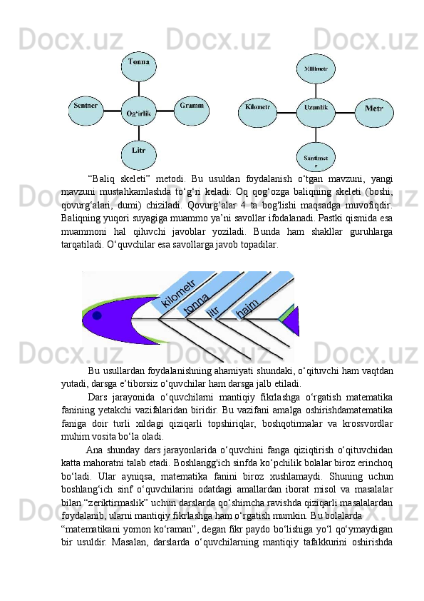 “ Baliq   skeleti ”   metodi .   Bu   usuldan   foydalanish   o ‘ tgan   mavzuni ,   yangi
mavzuni   mustahkamlashda   to ‘ g ‘ ri   keladi .   Oq   qog‘ozga   baliqning   skeleti   (boshi,
qovurg‘alari,   dumi)   chiziladi.   Qovurg‘alar   4   ta   bog'lishi   maqsadga   muvofiqdir.
Baliqning yuqori suyagiga muammo ya’ni savollar ifodalanadi. Pastki qismida esa
muammoni   hal   qiluvchi   javoblar   yoziladi.   Bunda   ham   shakllar   guruhlarga
tarqatiladi. O‘quvchilar esa savollarga javob topadilar.
Bu   usullardan   foydalanishning   ahamiyati   shundaki ,  o ‘ qituvchi   ham   vaqtdan
yutadi ,  darsga   e ’ tiborsiz   o ‘ quvchilar   ham   darsga   jalb   etiladi .
Dars   jarayonida   o‘quvchilarni   mantiqiy   fikrlashga   o‘rgatish   matematika
fanining   yetakchi   vazifalaridan   biridir.  Bu   vazifani   amalga   oshirishdamatematika
faniga   doir   turli   xildagi   qiziqarli   topshiriqlar,   boshqotirmalar   va   krossvordlar
muhim vosita bo‘la oladi.
Ana   shunday   dars   jarayonlarida   o‘quvchini   fanga   qiziqtirish   o‘qituvchidan
katta mahoratni talab etadi. Boshlangg'ich sinfda ko‘pchilik bolalar biroz erinchoq
bo‘ladi.   Ular   ayniqsa,   matematika   fanini   biroz   xushlamaydi.   Shuning   uchun
boshlang‘ich   sinf   o‘quvchilarini   odatdagi   amallardan   iborat   misol   va   masalalar
bilan “zeriktirmaslik” uchun darslarda qo‘shimcha ravishda qiziqarli masalalardan
foydalanib, ularni mantiqiy fikrlashga ham o‘rgatish mumkin. Bu bolalarda
“matematikani yomon ko‘raman”, degan fikr paydo bo‘lishiga yo‘l qo‘ymaydigan
bir   usuldir.   Masalan,   darslarda   o‘quvchilarning   mantiqiy   tafakkurini   oshirishda 