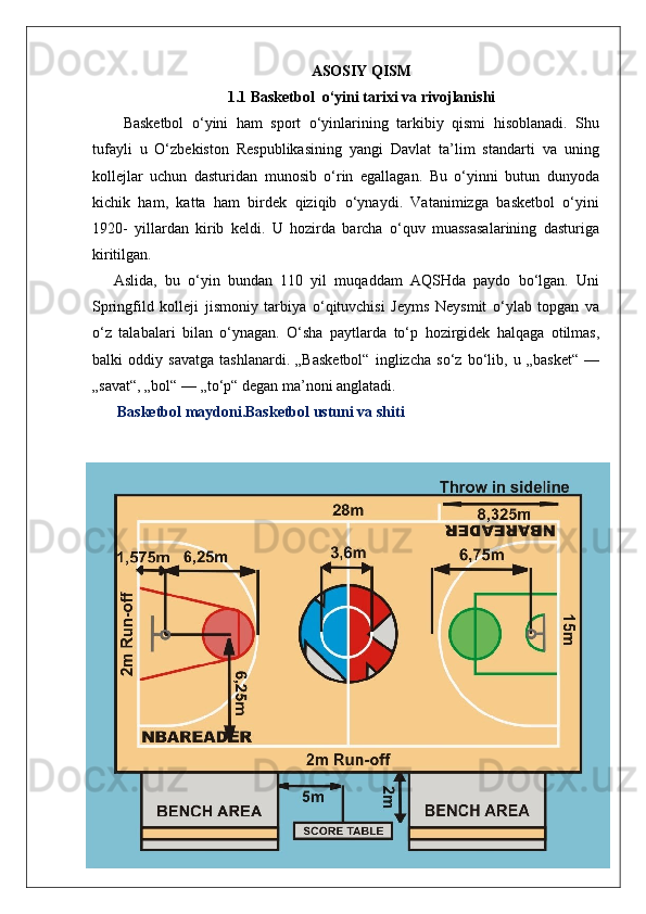 ASOSIY QISM
1.1 Basketbol  o‘yini tarixi va rivojlanishi
Basketbol   o‘yini   ham   sport   o‘yinlarining   tarkibiy   qismi   hisoblanadi.   Shu
tufayli   u   O‘zbekiston   Respublikasining   yangi   Davlat   ta’lim   standarti   va   uning
kollejlar   uchun   dasturidan   munosib   o‘rin   egallagan.   Bu   o‘yinni   butun   dunyoda
kichik   ham,   katta   ham   birdek   qiziqib   o‘ynaydi.   Vatanimizga   basketbol   o‘yini
1920-   yillardan   kirib   keldi.   U   hozirda   barcha   o‘quv   muassasalarining   dasturiga
kiritilgan.
Aslida,   bu   o‘yin   bundan   110   yil   muqaddam   AQSHda   paydo   bo‘lgan.   Uni
Springfild   kolleji   jismoniy   tarbiya   o‘qituvchisi   Jeyms   Neysmit   o‘ylab   topgan   va
o‘z   talabalari   bilan   o‘ynagan.   O‘sha   paytlarda   to‘p   hozirgidek   halqaga   otilmas,
balki   oddiy   savatga   tashlanardi.   „Basketbol“   inglizcha   so‘z   bo‘lib,   u   „basket“   —
„savat“, „bol“ — „to‘p“ degan ma’noni anglatadi.
 Basketbol maydoni.Basketbol ustuni va shiti
6 