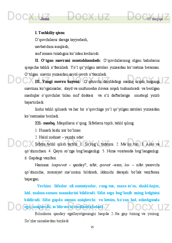 Jami 45 daqiqa
I. Tashkiliy qism:
O‘quvchilarni darsga tayyorlash, 
navbatchini aniqlash, 
sinf xonasi tozaligini ko‘zdan kechirish
II.   O‘tgan   mavzuni   mustahkamlash:   O‘quvchilarning   olgan   baholarini
qisqacha tahlili o‘tkaziladi. Yo‘l qo‘yilgan xatolari yuzasidan ko‘rsatma beraman.
O‘tilgan  mavzu yuzasidan savol-javob o‘tkaziladi. 
III.   Yangi   mavzu   bayoni:     O‘qituvchi   darslikdagi   mashq   orqali   bugungi
mavzuni ko‘rgazmalar,  slayd va multimedia ilovasi orqali tushuntiradi  va berilgan
mashqlar   o‘quvchilar   bilan   sinf   doskasi     va   o‘z   daftarlariga     mustaqil   yozib
bajartiriladi. 
Insho tahlil qilinadi va har bir o‘quvchiga yo‘l qo‘yilgan xatolari yuzasidan
ko‘rsatmalar beriladi. 
221- mashq.  Maqollarni o‘qing. Sifatlarni topib, tahlil qiling. 
1. Hunarli kishi xor bo‘lmas. 
2. Halol mehnat – yaxshi odat. 
Sifatni   tahlil   qilish   tartibi:   1.   So‘rog‘i,   turkumi.   2.   Ma’no   turi.   3.   Asos   va
qo‘shimchasi.   4.   Qaysi   so‘zga   bog‘langanligi.   5.   Nima   vositasida   bog‘langanligi.
6. Gapdagi vazifasi. 
Namuna:   baquvvat   –   qanday?,   sifat,   quvvat   –asos,   ba-   –   sifat   yasovchi
qo‘shimcha,   xususiyat   ma‘nosini   bildiradi,   ikkinchi   darajali   bo‘lak   vazifasini
bajargan. 
  Yechim:   Sifatlar   xil-xususiyatlar,   rang-tus,   maza-ta’m,   shakl-hajm,
hid,   makon-zamon   manolarini   bildiradi.   Sifat   otga   bog‘lanib   uning   belgisini
bildiradi.   Sifat   gapda   asosan   aniqlovchi     va   kesim,   ba’zan   hol,   otlashganda
ega, aniqlovchi, to‘ldiruvchi vazifasida keladi . 
Bilimlarni   qanday   egallayotganingiz   haqida   2-3ta   gap   tuzing   va   yozing.
So‘zlar nimalardan tuziladi  
25 