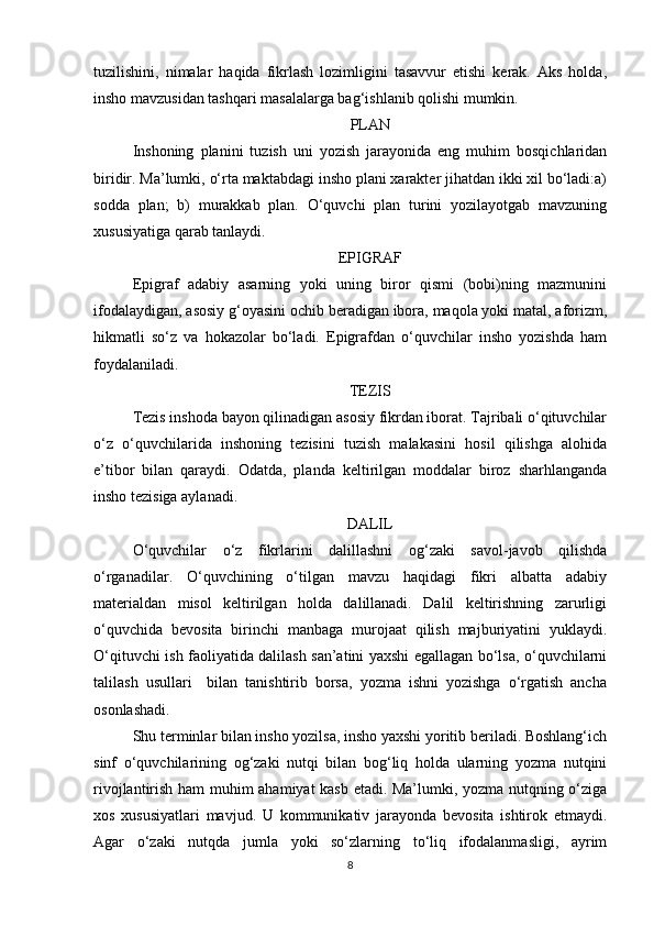tuzilishini,   nimalar   haqida   fikrlash   lozimligini   tasavvur   etishi   kerak.   Aks   holda,
insho mavzusidan tashqari masalalarga bag‘ishlanib qolishi mumkin. 
PLAN
Inshoning   planini   tuzish   uni   yozish   jarayonida   eng   muhim   bosqichlaridan
biridir. Ma’lumki, o‘rta maktabdagi insho plani xarakter jihatdan ikki xil bo‘ladi:a)
sodda   plan;   b)   murakkab   plan.   O‘quvchi   plan   turini   yozilayotgab   mavzuning
xususiyatiga qarab tanlaydi. 
EPIGRAF
Epigraf   adabiy   asarning   yoki   uning   biror   qismi   (bobi)ning   mazmunini
ifodalaydigan, asosiy g‘oyasini ochib beradigan ibora, maqola yoki matal, aforizm,
hikmatli   so‘z   va   hokazolar   bo‘ladi.   Epigrafdan   o‘quvchilar   insho   yozishda   ham
foydalaniladi. 
TEZIS
Tezis inshoda bayon qilinadigan asosiy fikrdan iborat. Tajribali o‘qituvchilar
o‘z   o‘quvchilarida   inshoning   tezisini   tuzish   malakasini   hosil   qilishga   alohida
e’tibor   bilan   qaraydi.   Odatda,   planda   keltirilgan   moddalar   biroz   sharhlanganda
insho tezisiga aylanadi. 
DALIL
O‘quvchilar   o‘z   fikrlarini   dalillashni   og‘zaki   savol-javob   qilishda
o‘rganadilar.   O‘quvchining   o‘tilgan   mavzu   haqidagi   fikri   albatta   adabiy
materialdan   misol   keltirilgan   holda   dalillanadi.   Dalil   keltirishning   zarurligi
o‘quvchida   bevosita   birinchi   manbaga   murojaat   qilish   majburiyatini   yuklaydi.
O‘qituvchi ish faoliyatida dalilash san’atini yaxshi egallagan bo‘lsa, o‘quvchilarni
talilash   usullari     bilan   tanishtirib   borsa,   yozma   ishni   yozishga   o‘rgatish   ancha
osonlashadi. 
Shu terminlar bilan insho yozilsa, insho yaxshi yoritib beriladi. Boshlang‘ich
sinf   o‘quvchilarining   og‘zaki   nutqi   bilan   bog‘liq   holda   ularning   yozma   nutqini
rivojlantirish ham muhim ahamiyat kasb etadi. Ma’lumki, yozma nutqning o‘ziga
xos   xususiyatlari   mavjud.   U   kommunikativ   jarayonda   bevosita   ishtirok   etmaydi.
Agar   o‘zaki   nutqda   jumla   yoki   so‘zlarning   to‘liq   ifodalanmasligi,   ayrim
8 