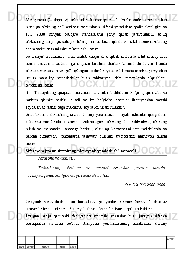 Menejmenti   (boshqaruv)   tashkilot   sifat   menejmenti   bo‘yicha   xodimlarini   o‘qitish
hisobiga   o‘zining   qo‘l   ostidagi   xodimlarini   sifatni   yaratishga   qodir   ekanligini   va
ISO   9000   seriyali   xalqaro   standartlarni   joriy   qilish   jarayonlarini   to‘liq
o‘zlashtirganligi,   psixologik   to‘siqlarni   bartaraf   qilish   va   sifat   menejmentining
ahamiyatini tushunishini ta’minlashi lozim.
Rahbariyat   xodimlarni   ichki   ishlab   chiqarish   o‘qitish   muhitida   sifat   menejmenti
tizimi   asoslarini   xodimlarga   o‘qtishi   tartibini   shartsiz   ta’minlashi   lozim.   Bunda
o‘qitish   markazlaridan   jalb   qilingan   xodimlar   yoki   sifat   menejmentini   joriy   etish
uchun   mahalliy   qatnashchilar   bilan   rahbariyat   ushbu   mavzularda   o‘qtishlarni
o‘tkazishi lozim.
3   –   Tamoyilning   qisqacha   mazmuni.   Odamlar   tashkilotni   ko‘proq   qimmatli   va
muhim   qismini   tashkil   qiladi   va   bu   bo‘yicha   odamlar   ikoniyatidan   yaxshi
foydalanish tashkilotga maksimal foyda keltirishi mumkin.
Sifat   tizimi   tashkilotning   sifatni   doimiy  yaxshilash   faoliyati,  ishchilar   qiziqishini,
sifat   muammolarida   o‘zining   javobgarligini,   o‘zining   faol   ishtirokini,   o‘zining
bilish   va   mahoratini   jamoaga   berishi,   o‘zining   korxonasini   iste’molchilarda   va
barcha   qiziquvchi   tomonlarda   tasavvur   qilishini   uyg‘otishni   namoyon   qilishi
lozim.
Sifat menejmenti tizimining “Jarayonli yondashish” tamoyili.
Jarayonli yondashish.
Tashkilotning   faoliyati   va   mavjud   resurslar   jarayon   tarzida
boshqarilganda kutilgan natija samarali bo‘ladi .
O’z DSt ISO 9000:2009
Jarayonli   yondashish   –   bu   tashkilotda   jarayonlar   tizimini   hamda   boshqaruv
jarayonlarini ularni identifikatsiyalash va o‘zaro faoliyatini qo‘llanilishidir. 
Istalgan   natija   qachonki   faoliyat   va   muvofiq   resurslar   bilan   jarayon   sifatida
boshqarilsa   samarali   bo‘ladi.   Jarayonli   yondashishning   afzalliklari   doimiy
O’zg varaq H ujjat Imzo Sana varaq
   