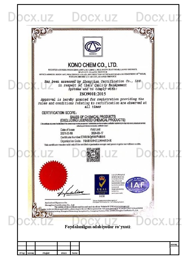 Foydalanilgan adabiyotlar ro‘yxati: .
O’zg varaq H ujjat Imzo Sana varaq
  
O’zg varaq H ujjat Imzo Sana varaq