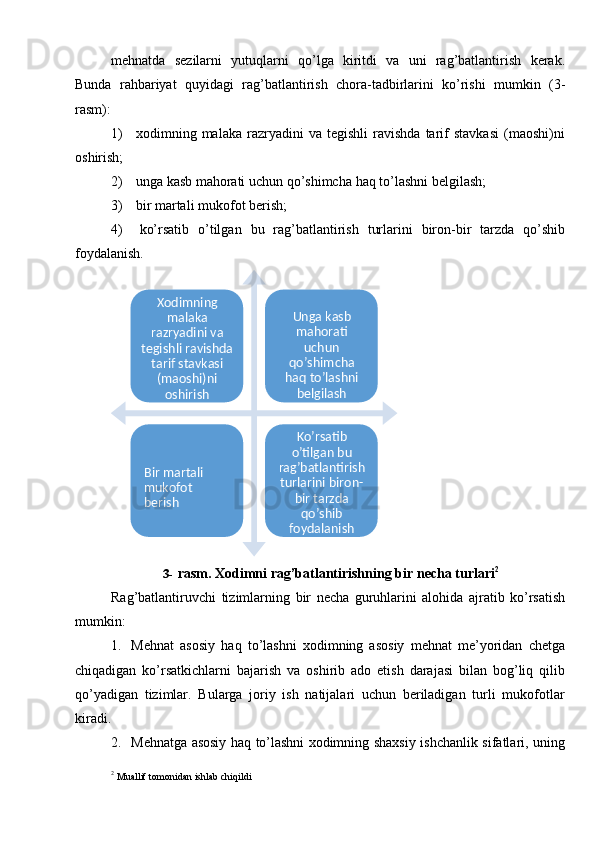 mehnatda   sezilarni   yutuqlarni   qo’lga   kiritdi   va   uni   rag’batlantirish   kerak.
Bunda   rahbariyat   quyidagi   rag’batlantirish   chora-tadbirlarini   ko’rishi   mumkin   (3-
rasm):
1) xodimning  malaka   razryadini   va   tegishli   ravishda   tarif   stavkasi   (maoshi)ni
oshirish;
2) unga   kasb   mahorati   uchun   qo’shimcha   haq   to’lashni   belgilash;
3) bir   martali   mukofot   berish;
4) ko’rsatib   o’tilgan   bu   rag’batlantirish   turlarini   biron-bir   tarzda   qo’shib
foydalanish.
3- rasm.   Xodimni   rag’batlantirishning   bir   necha   turlari 2
Rag’batlantiruvchi   tizimlarning   bir   necha   guruhlarini   alohida   ajratib   ko’rsatish
mumkin:
1. Mehnat   asosiy   haq   to’lashni   xodimning   asosiy   mehnat   me’yoridan   chetga
chiqadigan   ko’rsatkichlarni   bajarish   va   oshirib   ado   etish   darajasi   bilan   bog’liq   qilib
qo’yadigan   tizimlar.   Bularga   joriy   ish   natijalari   uchun   beriladigan   turli   mukofotlar
kiradi.
2. Mehnatga   asosiy   haq   to’lashni   xodimning   shaxsiy   ishchanlik   sifatlari,   uning
2
 Muallif   tomonidan   ishlab chiqildiXodimning 
malaka 
razryadini va 
tegishli ravishda  
tarif stavkasi 
(maoshi)ni 
oshirish Unga kasb 
mahorati 
uchun  
qo’shimcha  
haq   to’lashni 
belgilash
Bir martali 
mukofot  
berish Ko’rsatib 
o’tilgan bu 
rag’batlantirish  
turlarini biron-  
bir tarzda 
qo’shib 
foydalanish 