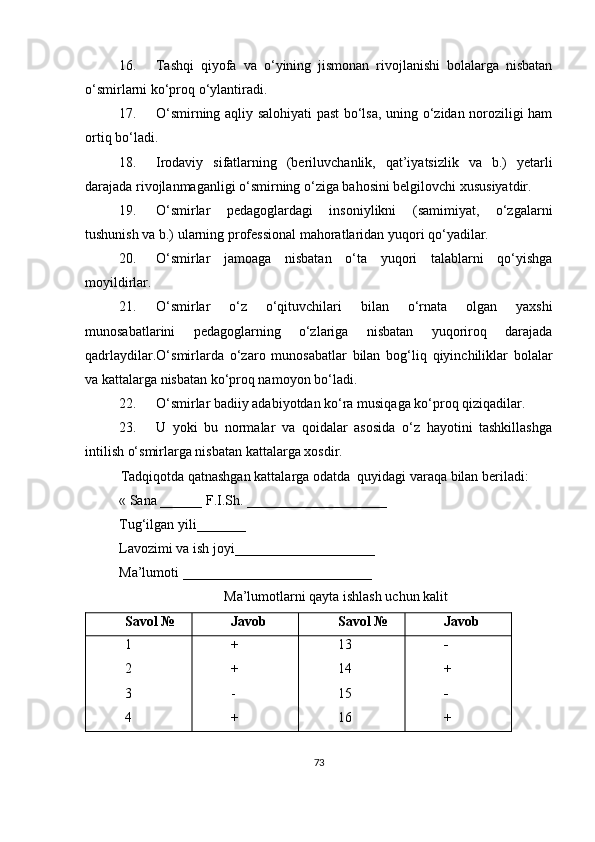16.  Tashqi   qiyofa   va   o‘ y ining   jismonan   rivojlanishi   bolalarga   nisbatan
o‘smirlarni ko‘proq o‘ylantiradi.
17.  O‘ smirning aqliy salohiyati past bo‘lsa, uning o‘zidan noroziligi ham
ortiq bo‘ladi.
18.  Irodaviy   sifatlarning   (beriluvchanlik,   qat’iyatsizlik   va   b.)   yetarli
darajada rivojlanmaganligi o‘smirning o‘ziga bahosini belgilovchi xususiyatdir.
19.  O‘ smirlar   pedagoglardagi   insoniylikni   (samimiyat,   o‘zgalarni
tushunish va b.) ularning professional mahoratlaridan yuqori qo‘yadilar.
20.  O‘ smirlar   jamoaga   nisbatan   o‘ta   yuqori   talablarni   qo‘yishga
moyildirlar.
21.  O‘ smirlar   o‘z   o‘qituvchilari   bilan   o‘rnat a   olgan   yaxshi
munosabatlarini   pedagoglarning   o‘zlariga   nisbatan   yuqoriroq   darajada
qadrlaydilar. O‘ smirlarda   o‘zaro   munosabatlar   bilan   bog‘liq   qiyinchiliklar   bolalar
va kattalarga nisbatan ko‘proq namoyon bo‘ladi.
22.  O‘ smirlar badiiy adabiyotdan ko‘ra musiqaga ko‘proq qiziqadilar.
23.  U   yoki   bu   normalar   va   qoidalar   asosida   o‘z   hayotini   tashkillashga
intilish o‘smirlarga nisbatan kattalarga xosdir.
Tadqiqotda qatnashgan kattalarga odatda  quyidagi varaqa bilan beriladi:
« Sana ______ F.I.Sh. ____________________
Tug‘ilgan yili_______ 
Lavozimi va ish joyi____________________
Ma’lumoti ___________________________
Ma’lumotlarni qayta ishlash uchun kalit
Savol № Javob Savol № Javob
1
2
3
4 +
+
-
+ 13
14
15
16 -
+
-
+
73