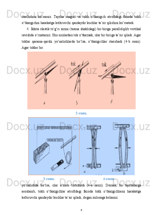 itarilishini   ko‘ramiz.   Tajriba   magnit   va   tokli   o‘tkazgich   atrofidagi   fazoda   tokli
o‘tkazgichni harakatga keltiruvchi qandaydir kuchlar ta’sir qilishini ko‘rsatadi.
4. Ikkita elastik to‘g‘ri simni (tasma shaklidagi) bir-biriga parallelqilib vertikal
ravishda o‘rnatamiz. Shu simlardan tok o‘tkazsak, ular bir-biriga ta’sir qiladi. Agar
toklar   qarama-qarshi   yo‘nalishlarda   bo‘lsa,   o‘tkazgichlar   itarishadi   (4-b   rasm).
Agar toklar bir
2-rasm.
                        3-rasm.                                                      4-rasm.
yo‘nalishda   bo‘lsa,   ular   o‘zaro   tortishadi   (4-a   rasm).   Demak,   bu   tajribalarga
asoslanib,   tokli   o‘tkazgichlar   atrofidagi   fazoda   tokli   o‘tkazgichlarni   harakatga
keltiruvchi qandaydir kuchlar ta’sir qiladi, degan xulosaga kelamiz.
8 