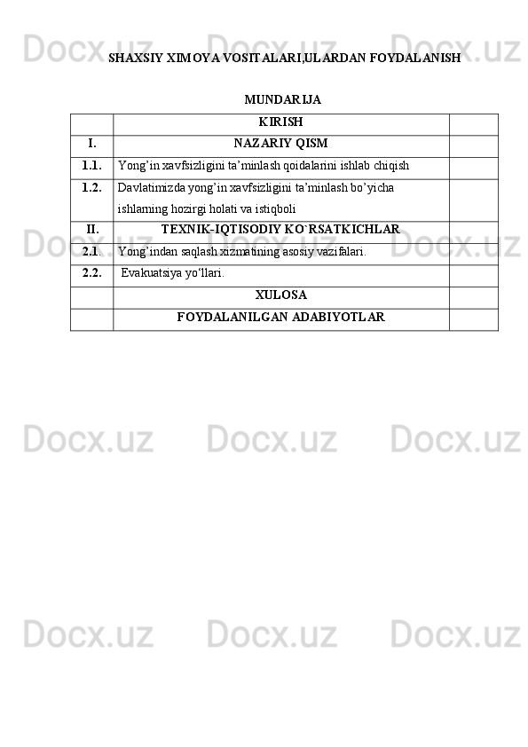   SHAXSIY XIMOYA VOSITALARI,ULARDAN FOYDALANISH
MUNDARIJA
KIRISH
I. NAZARIY QISM
1.1. Yong’in xavfsizligini ta’minlash qoidalarini ishlab chiqish
1.2. Davlatimizda yong’in xavfsizligini ta’minlash bo’yicha 
ishlarning hozirgi holati va istiqboli
II. TEXNIK-IQTISODIY KO`RSATKICHLAR
2.1 . Yong’indan saqlash xizmatining asosiy vazifalari.
2.2.  Evakuatsiya yo‘llari.
XULOSA
FOYDALANILGAN ADABIYOTLAR 