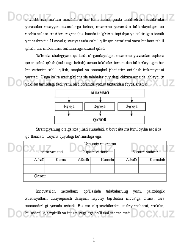 2
4o‘zlashtirish,   ma'lum   masalalarni   har   tomonlama,   puxta   tahlil   etish   asosida   ular
yuzasidan   muayyan   xulosalarga   kelish,   muammo   yuzasidan   bildirilayotgan   bir
nechta xulosa orasidan eng maqbul hamda to‘g‘risini topishga yo‘naltirilgan texnik
yondashuvdir. U avvalgi vaziyatlarda qabul qilingan qarorlarni yana bir bora tahlil
qilish, uni mukammal tushunishga xizmat qiladi.
Ta'limda   strategiyani   qo‘llash   o‘rganilayotgan   muammo   yuzasidan   oqilona
qaror qabul qilish (xulosaga kelish) uchun talabalar tomonidan bildirilayotgan har
bir   variantni   tahlil   qilish,   maqbul   va   nomaqbul   jihatlarini   aniqlash   imkoniyatini
yaratadi. Unga ko‘ra mashg‘ulotlarda talabalar quyidagi chizma asosida ishlaydi (u
yoki bu tartibdagi faoliyatni olib borishda yozuv taxtasidan foydalanadi):
Strategiyaning o‘ziga xos jihati shundaki, u bevosita ma'lum loyiha asosida 
qo‘llaniladi.  Loyiha quyidagi ko‘rinishga ega:
Umumiy muammo
1-qaror varianti 2-qaror varianti 3-qaror varianti
Afzall
igi Kamc
hiligi Afzalli
gi Kamchi
ligi Afzalli
gi Kamchili
gi
Qaror:
Innovatsion   metodlarni   qo‘llashda   talabalarning   yosh,   psixologik
xususiyatlari,   dunyoqarash   darajasi,   hayotiy   tajribalari   inobatga   olinsa,   dars
samaradorligi   yanada   oshadi.   Bu   esa   o‘qituvchilardan   kasbiy   mahorat,   malaka,
bilimdonlik, sezgirlik va intuitsiyaga ega bo‘lishni taqozo etadi. 