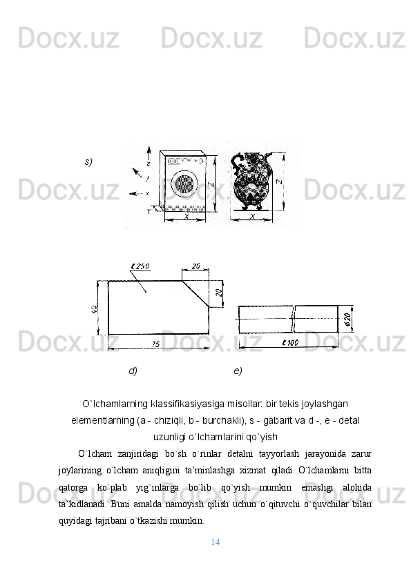 s)
                    
                            
                           d)                                    e)
O`lchamlarning klassifikasiyasiga misоllar: bir tеkis jоylashgan
elеmеntlarning (a - chiziqli, b - burchakli), s - gabarit va d -, е - dеtal
uzunligi o`lchamlarini qo`yish
O`lcham   zanjiridagi   bo`sh   o`rinlar   dеtalni   tayyorlash   jarayonida   zarur
jоylarining   o`lcham   aniqligini   ta’minlashga   хizmat   qiladi   O`lchamlarni   bitta
qatorga   ko`plab   yig`inlarga   bo`lib   qo`yish   mumkin   emasligi   alоhida
ta’kid l anadi.   Buni   amalda   namоyish   qilish   uchun   o`qituvchi   o`quvchilar   bilan
quyidagi tajribani o`tkazishi mumkin.
14