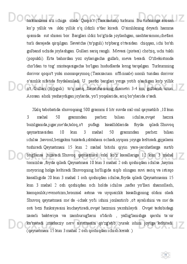 31turkumlarni  o'z ichiga   oladi. Qoqio‘t  (Taraxacum)  turkumi. Bu turkumga asosan
ko‘p   yillik   va     ikki   yillik   o'q   ildizli   o'tlar   kiradi.   O'simlikning   deyarli   hamma
qismida   sut  shirasi  bor. Barglari  ildiz bo'g'zida joylashgan, nashtarsimon,chetlari
turli darajada qirqilgan. Savatcha (to'pguli) to'pbarg o'rtasidan   chiqqan, ichi bo'sh
gulband uchida joylashgan. Gullari sariq rangli.  Mevasi (pistasi) cho'ziq, uchi tukli
(popukli).   Erta   bahordan   yoz   oylarigacha   gullab,   meva   beradi.   O'zbekistonda
cho'ldan   to   tog'   mintaqasigacha   bo'lgan   hududlarda   keng   tarqalgan.   Turkumning
dorivor qoqio't yoki momoqaymoq (Taraxacum   officinale) nomli turidan dorivor
o'simlik sifatida foydalaniladi. U   pastki barglari yerga yotib o'sadigan ko'p yillik
o't.   Gullari   (to'pguli)     to'q   sariq.   Savatchasining   diametri   3-4   sm,   gulbandi   uzun.
Asosan  aholi yashaydigan joylarda, yo'l yoqalarida, ariq bo'ylarida o'sadi.
Xalq tabobatida shuvoqning 500 grammi 6 litr suvda mil-mil qaynatilib ,10 kun
3   mahal   50   grammdan   parhez   bilian   ichilsa,ovqat   hazmi
buzilganida,jigar,me'da,taloq,o't   pufagi   kasalliklarida   foyda   qiladi.Shuvoq
qaynatmasidan   10   kun   3   mahal   50   grammdan   parhez   bilian
ichilsa ,bavosil,bezgakni tuzatadi,ishtahani ochadi,uyquni joyiga keltiradi,gijjalarni
tushiradi.Qaynatmani   15   kun   2   mahal   bitishi   qiyin   yara-jarohatlarga   surtib
bog'lansa   ,tuzatadi.Shuvoq   qaynatmasi   eski   ko'z   kasallariga   12   kun   3   mahal
tomizilsa ,foyda qiladi.Qaynatmasi 10 kun 3 mahal 2 osh qoshiqdan ichilsa ,hayzni
meyoring holga keltiradi.Shuvoqning ho'lligida siqib olingan suvi  sariq va istisqo
kasalligida 20 kun 3 mahal  1 osh qoshiqdan ichilsa,foyda qiladi.Qaynatmasini  15
kun   3   mahal   2   osh   qoshiqdan   och   holda   ichilsa   ,nafas   yo'llari   shamollash,
kamqonlik,revmotizm,bronxial   astma   va   uyqusizlik   kasalligining   oldini   oladi
Shuvoq   qaynatmasi   me`da   -ichak   yo'li   ishini   jonlantirib   ,o't   ajralishini   va   me`da
osti   bezi   funksiyasini   kuchaytiradi,ovqat   hazmini   yaxshilaydi   .   Ovqat   tarkibidagi
zararli   bakteriya   va   zamburug'larni   o'ldirib   ,   yallig'lanishga   qarshi   ta`sir
ko'rsatadi   ,markaziy   nerv   sistemasini   qo'zg'atib   ,yurak   ishini   joyiga   keltiradi.
(qaynatmani 15 kun 3 mahal 2 osh qoshiqdan ichish kerak .) 