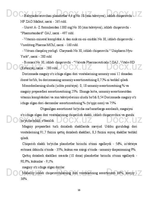- Babyjacks eruvchan planshetlar 4,4 g No 18 (xun takviyesi), ishlab chiqaruvchi - 
NP ZAO Malkut, narxi - 265 rubl.
- Univit A-  Z  formulasidan 1380 mg No 30 (xun takviyesi), ishlab chiqaruvchi - 
"Pharmstandard" OAJ, narxi - 497 rubl.
- Vitamin-mineral kompleksi A dan sink mi-mi-mishki No 30, ishlab chiqaruvchi - 
Vneshtorg Pharma MChJ, narxi - 160 rubl.
- Vitrum chaqaloq yorlig'i. Chaynash No 30, ishlab chiqaruvchi " Unipharm Nyu-
York", narxi - 280 rubl.
- Biomax No 30, ishlab chiqaruvchi - "Valenta Pharmaceuticals  " OAJ  , Vitale-HD 
(Estoniya), narxi - 280 rubl.  
Dorixonada magniy o'z ichiga olgan dori vositalarining umumiy soni 12 donadan 
iborat bo'lib, bu dorixonaning umumiy assortimentining 0,72% ni tashkil qiladi.
Monodorilarning ulushi (uchta pozitsiya). 0, 18 umumiy assortimentning % va 
magniy preparatlari assortimentining 25%. Shunga ko'ra, umumiy assortimentdan 
vitamin komplekslari va xun takviyelerinin ulushi bo'ldi   0,54   Dorixonada magniy o'z 
ichiga olgan dori-darmonlar assortimentining % (to'qqiz nom) va 75%.
                     O'rganilgan assortiment bo'yicha ma'lumotlarga asoslanib, magniyni 
o'z ichiga olgan dori vositalarining chiqarilish shakli, ishlab chiqaruvchisi va guruhi 
bo'yicha tahlili o'tkazildi.
Magniy   preparatlari   turli   dozalash   shakllarida   mavjud.   Ushbu   guruhdagi   dori
vositalarining 91,7 foizini qattiq dozalash shakllari, 8,3 foizini suyuq shakllar tashkil
qiladi.
Chiqarish   shakli   bo'yicha   planshetlar   birinchi   o'rinni   egallaydi   -   56%,   in'ektsiya
eritmasi ikkinchi o'rinda - 35%, kukun esa oxirgi o'rinda - umumiy diapazonning 9%.
Qattiq   dozalash   shakllari   orasida   (10   dona)   planshetlar   birinchi   o'rinni   egallaydi   -
90,9%, kukunlar - 9,1%.
magniy o'z ichiga olgan dorilar  
Mahalliy   ishlab   chiqaruvchilarning   dori   vositalarining   assortimenti   64%,   xorijiy   -
36%.
16 