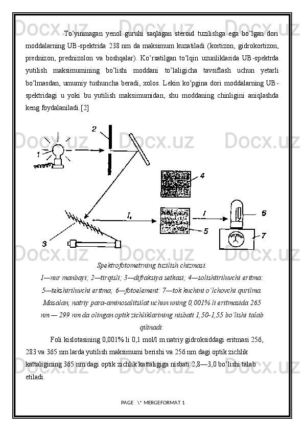                         To’yinmagan   yenol   guruhi   saqlagan   steroid   tuzilishga   ega   bo’lgan   dori
moddalarning UB-spektrida 238 nm  da maksimum  kuzatiladi  (kortizon,   gidrokortizon,
prednizon,   prednizolon   va   boshqalar).   Ko’rsatilgan   to’lqin   uzunliklarida   UB-spektrda
yutilish   maksimumining   bo’lishi   moddani   to’laligicha   tavsiflash   uchun   yetarli
bo’lmasdan,   umumiy  tushuncha  beradi,   xolos.  Lekin  ko’pgina  dori   moddalarning UB-
spektridagi   u   yoki   bu   yutilish   maksimumidan,   shu   moddaning   chinligini   aniqlashda
keng foydalaniladi. [2]
Spektrofotometrning tuzilish chizmasi.
1—nur manbayi; 2—tirqisli; 3—difraksiya setkasi; 4—solishtiriluvchi eritma:
5—tekshiriluvchi eritma; 6—fotoelement: 7—tok kuchini o’lchovchi qurilma.
Masalan, natriy para-aminosalitsilat uchun uning 0,001% li eritmasida 265
nm — 299 nm da olingan optik zichliklarining nisbati 1,50-1,55 bo’lishi talab
qilinadi:
              Foli kislotasining 0,001% li 0,1 mol/l m natriy gidroksiddagi eritmasi 256,
283 va 365 nm larda yutilish maksimumi berishi va 256 nm dagi optik zichlik  
kattaligining 365 nm dagi optik zichlik kattaligiga nisbati 2,8—3,0 bo’lishi talab
etiladi.
 PAGE   \* MERGEFORMAT 1 