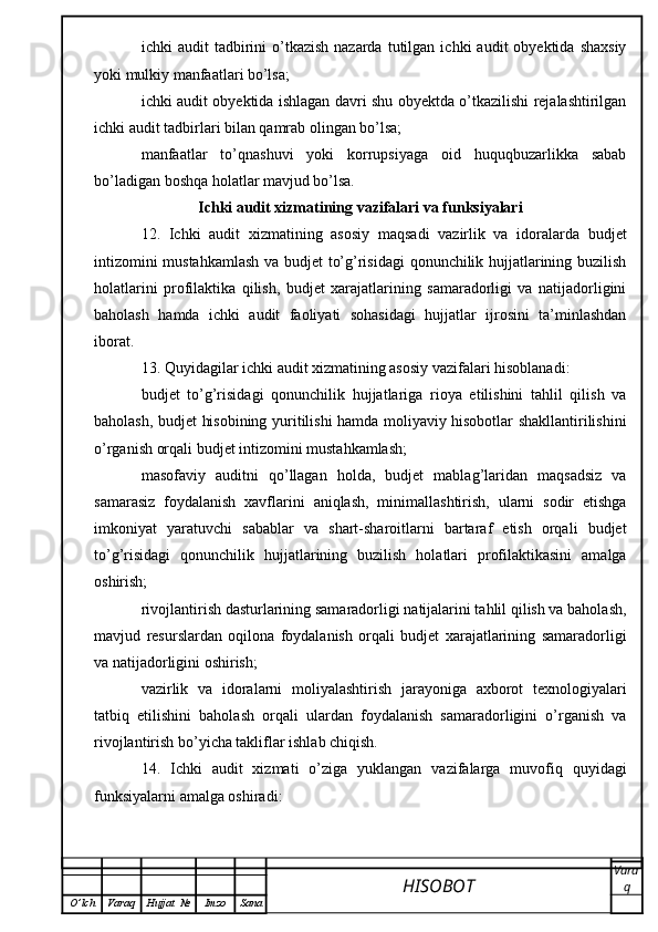 ichki   audit   tadbirini  o’tkazish  nazarda   tutilgan   ichki   audit   obyektida  shaxsiy
yoki mulkiy manfaatlari bo’lsa;
ichki audit obyektida ishlagan davri shu obyektda o’tkazilishi rejalashtirilgan
ichki audit tadbirlari bilan qamrab olingan bo’lsa;
manfaatlar   to’qnashuvi   yoki   korrupsiyaga   oid   huquqbuzarlikka   sabab
bo’ladigan boshqa holatlar mavjud bo’lsa.
Ichki audit xizmatining vazifalari va funksiyalari
12.   Ichki   audit   xizmatining   asosiy   maqsadi   vazirlik   va   idoralarda   budjet
intizomini mustahkamlash  va budjet to’g’risidagi  qonunchilik hujjatlarining buzilish
holatlarini   profilaktika   qilish,   budjet   xarajatlarining   samaradorligi   va   natijadorligini
baholash   hamda   ichki   audit   faoliyati   sohasidagi   hujjatlar   ijrosini   ta’minlashdan
iborat.
13. Quyidagilar ichki audit xizmatining asosiy vazifalari hisoblanadi:
budjet   to’g’risidagi   qonunchilik   hujjatlariga   rioya   etilishini   tahlil   qilish   va
baholash, budjet hisobining yuritilishi hamda moliyaviy hisobotlar shakllantirilishini
o’rganish orqali budjet intizomini mustahkamlash;
masofaviy   auditni   qo’llagan   holda,   budjet   mablag’laridan   maqsadsiz   va
samarasiz   foydalanish   xavflarini   aniqlash,   minimallashtirish,   ularni   sodir   etishga
imkoniyat   yaratuvchi   sabablar   va   shart-sharoitlarni   bartaraf   etish   orqali   budjet
to’g’risidagi   qonunchilik   hujjatlarining   buzilish   holatlari   profilaktikasini   amalga
oshirish;
rivojlantirish dasturlarining samaradorligi natijalarini tahlil qilish va baholash,
mavjud   resurslardan   oqilona   foydalanish   orqali   budjet   xarajatlarining   samaradorligi
va natijadorligini oshirish;
vazirlik   va   idoralarni   moliyalashtirish   jarayoniga   axborot   texnologiyalari
tatbiq   etilishini   baholash   orqali   ulardan   foydalanish   samaradorligini   o’rganish   va
rivojlantirish bo’yicha takliflar ishlab chiqish.
14.   Ichki   audit   xizmati   o’ziga   yuklangan   vazifalarga   muvofiq   quyidagi
funksiyalarni amalga oshiradi:
HISOBOT  Vara
q
O ’ lch Varaq Hujjat   № Imzo Sana
