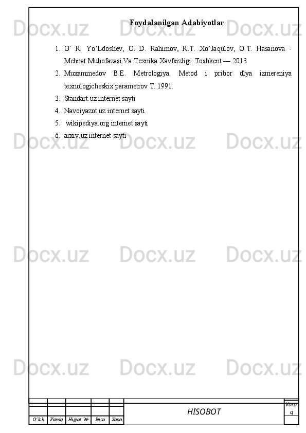 Foydalanilgan Adabiyotlar
1. O’   R.   Yo’Ldoshev,   О .   D.   Rahimov,   R.T.   Xo’Jaqulov,   O.T.   Hasanova   -
Mehnat Muhofazasi Va Texnika Xavfsizligi. Toshkent –– 2013
2. Mu ха mm е d о v   B.E.   M е tr о l о giya.   M е t о d   i   prib о r   dlya   izm е r е niya
t ех n о l о gich е ski х  p а r а m е tr о v T. 1991. 
3. Standart.uz internet sayti
4. Navoiyazot.uz internet sayti
5.  wikipediya.org internet sayti
6. arxiv.uz internet sayti
HISOBOT  Vara
q
O ’ lch Varaq Hujjat   № Imzo Sana