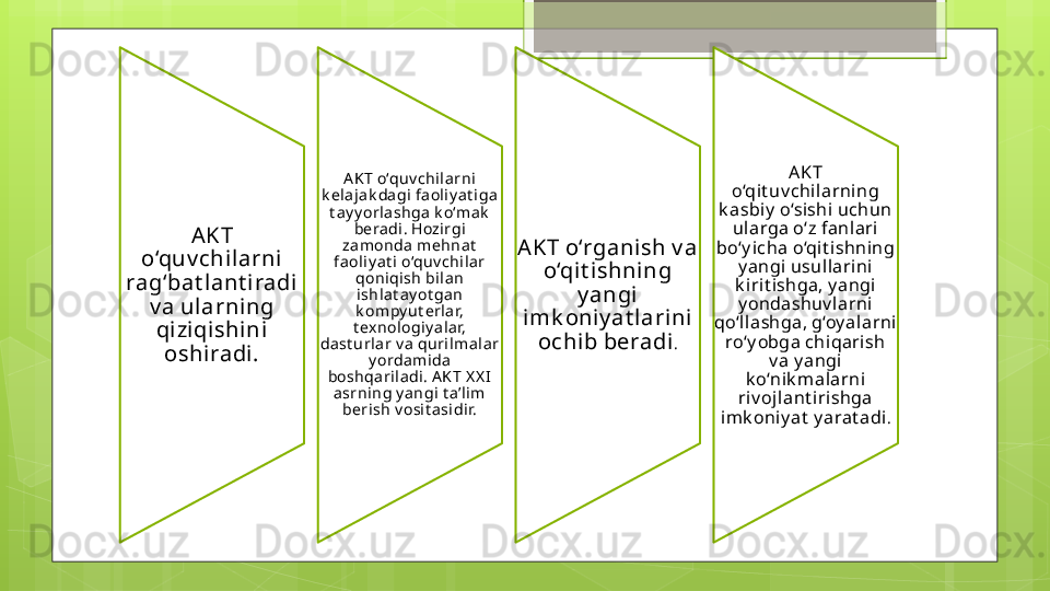 AKT 
o‘quv chilarni 
rag‘bat lant iradi 
v a ularning 
qiziqishini 
oshiradi. A KT o‘quv chil arni 
k ela jak da gi  faoliy at i ga  
t ay y orlashga k o‘mak  
beradi. Hozirgi 
za monda mehnat  
faoli y at i  o‘quv chilar 
qoniqish bil an 
ishlat ay ot gan 
k ompy ut erlar, 
t ex nologiy alar, 
dast urlar v a quril ma lar 
y ordamida 
boshqariladi. A K T X X I  
asrni ng y angi t a’lim 
berish v osi t asidir. AKT o‘rganish v a 
o‘qit ishning 
y angi 
imk oni y at larini 
ochib beradi . AKT 
o‘qit uv chi larning 
k asbiy  o‘sishi uchun 
ul arga o‘z fanlari 
bo‘y icha o‘qit ishning 
y angi usul larini 
k i rit ishga, y angi 
y ondashuv larni 
qo‘llashga, g‘oy alarni 
ro‘y obga chiqari sh 
v a y angi 
k o‘nik m alarni 
riv oj lant irishga 
imk oniy at  y arat adi .                                             