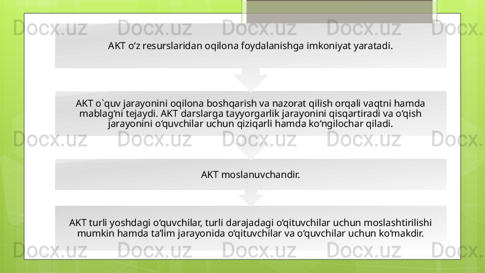 AKT turli yoshdagi o‘quvchilar, turli darajadagi o‘qituvchilar uchun moslashtirilishi 
mumkin hamda ta’lim jarayonida o‘qituvchilar va o‘quvchilar uchun ko‘makdir. AKT moslanuvchandir.AKT o`quv jarayonini oqilona boshqarish va nazorat qilish orqali vaqtni hamda 
mablag‘ni tejaydi. AKT darslarga tayyorgarlik jarayonini qisqartiradi va o‘qish 
jarayonini o‘quvchilar uchun qiziqarli hamda ko‘ngilochar qiladi. AKT o‘z resurslaridan oqilona foydalanishga imkoniyat yaratadi.                                             