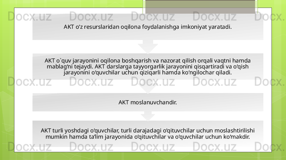 AKT turli yoshdagi o‘quvchilar, turli darajadagi o‘qituvchilar uchun moslashtirilishi 
mumkin hamda ta’lim jarayonida o‘qituvchilar va o‘quvchilar uchun ko‘makdir. AKT moslanuvchandir.AKT o`quv jarayonini oqilona boshqarish va nazorat qilish orqali vaqtni hamda 
mablag‘ni tejaydi. AKT darslarga tayyorgarlik jarayonini qisqartiradi va o‘qish 
jarayonini o‘quvchilar uchun qiziqarli hamda ko‘ngilochar qiladi. AKT o‘z resurslaridan oqilona foydalanishga imkoniyat yaratadi.