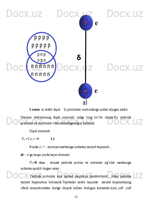 1-rasm . a) elektr dipol    b) protonlari neytronlarga nisbat siljigan yadro
Hamma   yadrolarning   dipol   momenti   nolga   teng   bo’lib   chiqdi.Bu   yadroda
protonlar va neytronlar tekis aralashganligini bildiradi.
Dipol momenti                   
 DZ=Z	ρZ(r)dr              1.1
Bunda  ρ
Z	
( r)
  –inersiya markaziga nisbatan zaryad taqsimoti ;
dr – r  ga yaqin joyda hajm elementi 	
DZ
=0   ekan   ,   demak   yadroda   proton   va   netronlar   og’rilik   markaziga
nisbatan ajralib turgan emas.
Yadroda   protonlar   soni   zaryad   miqdorini   harakterlaydi   ,   lekin   yadroda
zaryad   taqsimotini   bermaydi.Tajribalar   yadro   hajmida     zaryad   taqsimotining
sferik   simmetriyadan   chetga   chiqish   hollari   borligini   korsatadi.Ayni   juft   –juft
13 