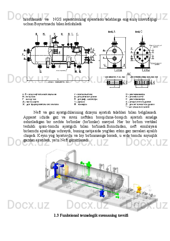 hisoblanadi     va       NGS   separatorining   operatsion   talablarga   eng   aniq   muvofiqligi
uchun Buyurtmachi bilan kelishiladi
Neft   va   gaz   ajratgichlarining   dizayni   ajratish   talablari   bilan   belgilanadi.
Apparat   ichida   gaz   va   suvni   neftdan   bosqichma-bosqich   ajratish   amalga
oshiriladigan   bir   nechta   bo'limlar   (bo'limlar)   mavjud.   Har   bir   bo'lim   vertikal
teshikli   qism-tomchi   ajratgich   bilan   bo'linadi.Birinchidan,   neft   emulsiyasi
birlamchi ajralishga uchraydi, buning natijasida yog'dan erkin gaz zarralari ajralib
chiqadi. Keyin yog 'ajratuvchi va loy bo'linmasiga boradi, u erda tomchi suyuqlik
gazdan ajratiladi, ya'ni  Neft  gazsizlanadi.
1.3 Funksional texnologik sxemaning tavsifi 