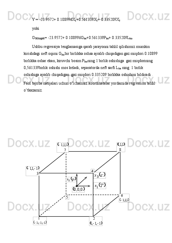 	p	x2	
		
7
1,1,1			
8
1,1,1	
	
3
1	,1,1			
	1,1,1
1	
			
	0,0,0	
	1	,1	,1
2	
		
	1,1,1
6
	
			3x	
		T	x1	
5	
4Y = -23. 9572 + 0.108996X
1 +0. 561339 X
2 + 0.335209X
3
yoki
G
Gchiqish = -23. 9572 + 0.108996G
kir + 0.561339Р
kir + 0. 335209 L
kir
Ushbu regressiya tenglamasiga qarab jarayonni tahlil qilishimiz mumkin 
kirishdagi neft oqimi G
kir  bir birlikka oshsa ajralib chiqadigan gaz miqdori 0.10899 
birlikka oshar ekan, kiruvchi bosim Р
kir  ning 1 birlik oshishiga  gaz miqdorining  
0,561339birlik oshishi mos keladi, separatorda neft sarfi L
kir  ning  1 birlik 
oshishiga ajralib chiqadigan  gaz miqdori 0.335209 birlikka oshishini bildiradi .
Faol   tajriba   natijalari   uchun   o’lchamsiz   koordinatalar   yordamida   regression   tahlil  
o’tkazamiz.