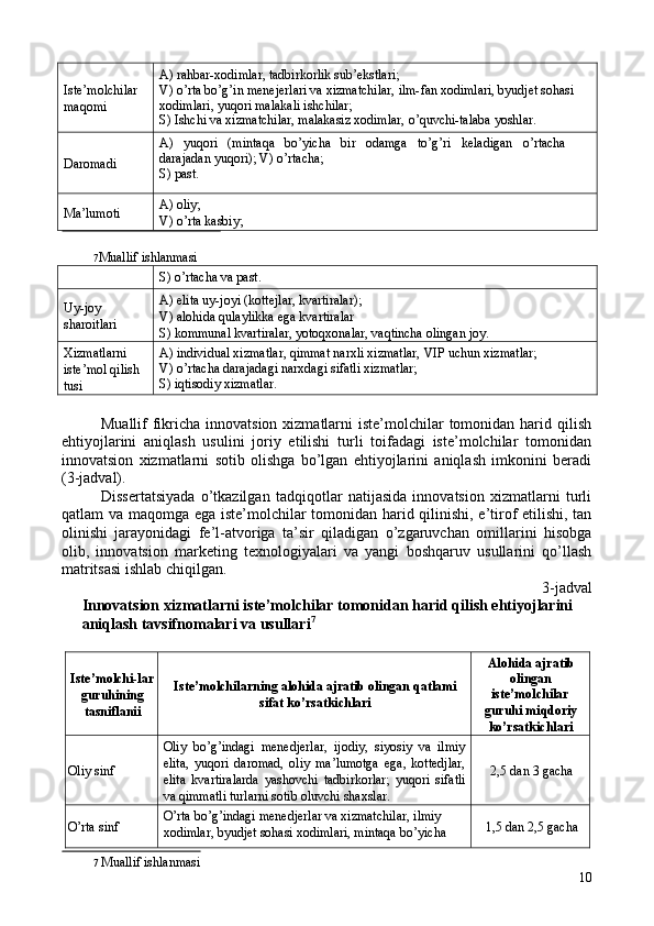 Iste’molchilar 
maqomi  A) rahbar-xodimlar, tadbirkorlik sub’ekstlari; 
V) o’rta bo’g’in menejerlari va xizmatchilar, ilm-fan xodimlari, byudjet sohasi 
xodimlari, yuqori malakali ishchilar; 
S) Ishchi va xizmatchilar, malakasiz xodimlar, o’quvchi-talaba yoshlar. 
Daromadi  A )   yuqori   ( mintaqa   bo ’ yicha   bir   odamga   to ’ g ’ ri   keladigan   o ’ rtacha
darajadan   yuqori );  V )  o ’ rtacha ; 
S) past. 
Ma’lumoti  A) oliy; 
V) o’rta kasbiy; 
 
7 Muallif ishlanmasi  
S) o’rtacha va past. 
Uy-joy 
sharoitlari  A) elita uy-joyi (kottejlar, kvartiralar); 
V) alohida qulaylikka ega kvartiralar 
S) kommunal kvartiralar, yotoqxonalar, vaqtincha olingan joy. 
Xizmatlarni 
iste’mol qilish 
tusi  A) individual xizmatlar, qimmat narxli xizmatlar, VIP uchun xizmatlar; 
V) o’rtacha darajadagi narxdagi sifatli xizmatlar; 
S) iqtisodiy xizmatlar. 
 
Muallif  fikricha innovatsion  xizmatlarni  iste’molchilar  tomonidan harid qilish
ehtiyojlarini   aniqlash   usulini   joriy   etilishi   turli   toifadagi   iste’molchilar   tomonidan
innovatsion   xizmatlarni   sotib   olishga   bo’lgan   ehtiyojlarini   aniqlash   imkonini   beradi
(3-jadval). 
Dissertatsiyada   o’tkazilgan   tadqiqotlar   natijasida   innovatsion   xizmatlarni   turli
qatlam va maqomga ega iste’molchilar tomonidan harid qilinishi, e’tirof etilishi, tan
olinishi   jarayonidagi   fe’l-atvoriga   ta’sir   qiladigan   o’zgaruvchan   omillarini   hisobga
olib,   innovatsion   marketing   texnologiyalari   va   yangi   boshqaruv   usullarini   qo’llash
matritsasi ishlab chiqilgan. 
3-jadval 
Innovatsion xizmatlarni iste’molchilar tomonidan harid qilish ehtiyojlarini 
aniqlash tavsifnomalari va usullari 7
 
 
Iste’molchi-lar
guruhining
tasniflanii  Iste’molchilarning alohida ajratib olingan qatlami
sifat ko’rsatkichlari  Alohida ajratib
olingan 
iste’molchilar 
guruhi miqdoriy
ko’rsatkichlari 
Oliy sinf  Oliy   bo’g’indagi   menedjerlar,   ijodiy,   siyosiy   va   ilmiy
elita,   yuqori   daromad,   oliy   ma’lumotga   ega,   kottedjlar,
elita   kvartiralarda   yashovchi   tadbirkorlar;   yuqori   sifatli
va qimmatli turlarni sotib oluvchi shaxslar.   2,5 dan 3 gacha 
O’rta sinf  O’rta bo’g’indagi menedjerlar va xizmatchilar, ilmiy 
xodimlar, byudjet sohasi xodimlari, mintaqa bo’yicha   1,5 dan 2,5 gacha 
7   Muallif ishlanmasi  
10 