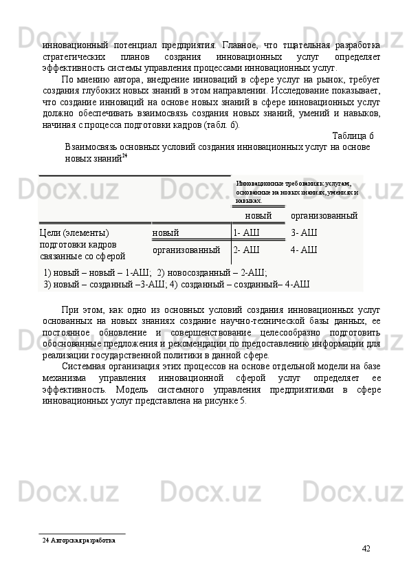 инновационный   потенциал   предприятия.   Главное,   что   тщательная   разработка
стратегических   планов   создания   инновационных   услуг   определяет
эффективность системы управления процессами инновационных услуг. 
По   мнению   автора,   внедрение   инноваций   в   сфере   услуг   на   рынок,   требует
создания глубоких новых знаний в этом направлении. Исследование показывает,
что   создание   инноваций   на  основе   новых   знаний  в   сфере   инновационных   услуг
должно   обеспечивать   взаимосвязь   создания   новых   знаний,   умений   и   навыков,
начиная с процесса подготовки кадров (табл. 6). 
Таблица 6 
Взаимосвязь основных условий создания инновационных услуг на основе 
новых знаний 24
 
 
Инновационные требования к услугам, 
основанные на новых знаниях, умениях и
навыках. 
новый  организованный
Цели (элементы) 
подготовки кадров 
связанные со сферой  новый  1- AШ  3- AШ 
организованный  2- AШ  4- AШ 
1) новый – новый – 1-АШ;  2) новосозданный – 2-АШ; 
3) новый – созданный –3-АШ; 4) созданный – созданный– 4-AШ 
 
При   этом,   как   одно   из   основных   условий   создания   инновационных   услуг
основанных   на   новых   знаниях   создание   научно-технической   базы   данных,   ее
постоянное   обновление   и   совершенствование   целесообразно   подготовить
обоснованные предложения и рекомендации по предоставлению информации для
реализации государственной политики в данной сфере. 
Системная организация этих процессов на основе отдельной модели на базе
механизма   управления   инновационной   сферой   услуг   определяет   ее
эффективность.   Модель   системного   управления   предприятиями   в   сфере
инновационных услуг представлена на рисунке 5. 
 
24  Авторская разработка 
42