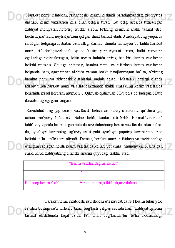   Harakat   nomi,  sifatdosh,   ravishdosh,   kesimlik   shakli   paradigmasidagi   ziddiyatda
dastlab,   kesim   vazifasida   kela   olish   belgisi   turadi.   Bu   belgi   asosida   tuziladigan
ziddiyat   mohiyatan   noto’liq,   kuchli   a’zoni   fe’lning   kesimlik   shakli   tashkil   etib,
kuchsiz(mo’tadil, neytral)a’zoni qolgan shakl tashkil etadi.U ziddiyatning yuqorida
sanalgan   belgisiga   nisbatan   betarafligi   dastlab   shunda   namoyon   bo’ladiki,harakat
nomi,   sifatdosh,ravishdosh   gaoda   kesim   pozitsiyasini   emas,   balki   mavqeni
egallashga   ixtisoslashgan,   lekin   ayrim   holatda   uning   har   biri   kesim   vazifasida
kelishi   mimkin.   Shunga   qaramay,   harakat   nomi   va   sifatdosh   kesim   vazifasida
kelganda   ham,   agar   undan   alohida   zamon   hsakli   rivojlanmagan   bo’lsa,   o’zining
harakat   nomi   va   sifatdoshlik   tabiatini   saqlab   qoladi.   Masalan:   hozirgi   o’zbek
adabiy tilida harakat nomi  va sifatdosh(zamon shakli  emas)ning kesim  vazifasida
kelishida misol keltirish mumkin: 1.Qilmish-qidirmish.2.Bu bola bo’ladigan.3.Dub
daraxtining egilgani-singani.
  Ravishdoshning gap kesimi  vazifasida kelishi  an’anaviy sintakstida qo’shma gap
uchun   me’yoriy   holat   edi:   Bahor   kelib,   kunlar   isib   ketdi.   Formalfunktsional
tahlilda yuqorida ko’rsatilgan holatda ravishdoshning kesim vazifasida inkor etilsa-
da,   uyushgan   kesimning   lug’oviy   asosi   yoki   uyushgan   gapning   kesimi   mavqeida
kelishi   to’la   –to’kis   tan   olinadi.   Demak,   harakat   nomi,   sifatdosh   va   ravishdoshga
o’zligini saqlagan holda kesim vazifasida kelishi yot emas.   Shunday qilib, sinalgan
shakl uchki ziddiyatning birinchi sirasini quyudagi tashkil etadi:
“kesim vazifasidagina kelish”
  +  0
Fe’lning kesim shakli Harakat nomi,sifatdosh,ravishdosh
 
Harakat nomi, sifatdosh, ravishdosh o’z navbatida fe’l kesim bilan yoki
fe’ldan  boshqa  so’z  turkumi  bilan  bog’lash   belgisi   asosida  ham,  ziddiyat  qatorini
tashkil   etadi,bunda   faqat   fe’lni   fe’l   bilan   bog’lashda(bir   fe’lni   ikkinchisiga
                                                                                  5 