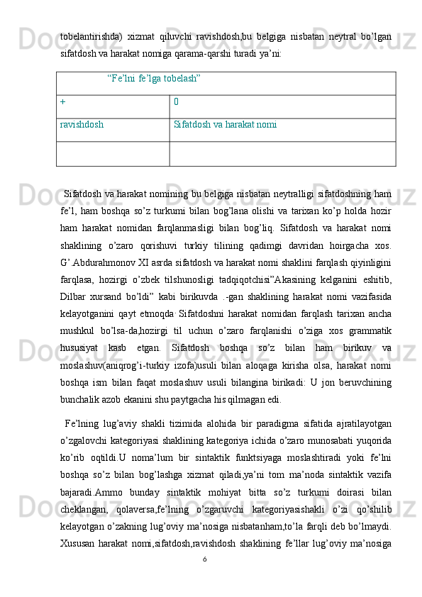 tobelantirishda)   xizmat   qiluvchi   ravishdosh,bu   belgiga   nisbatan   neytral   bo’lgan
sifatdosh va harakat nomiga qarama-qarshi turadi ya’ni:
“Fe’lni fe’lga tobelash”
+ 0
ravishdosh Sifatdosh va harakat nomi
 
  Sifatdosh va harakat nomining bu belgiga nisbatan neytralligi sifatdoshning ham
fe’l,   ham   boshqa   so’z   turkumi   bilan   bog’lana   olishi   va   tarixan   ko’p   holda   hozir
ham   harakat   nomidan   farqlanmasligi   bilan   bog’liq.   Sifatdosh   va   harakat   nomi
shaklining   o’zaro   qorishuvi   turkiy   tilining   qadimgi   davridan   hoirgacha   xos.
G’.Abdurahmonov XI asrda sifatdosh va harakat nomi shaklini farqlash qiyinligini
farqlasa,   hozirgi   o’zbek   tilshunosligi   tadqiqotchisi”Akasining   kelganini   eshitib,
Dilbar   xursand   bo’ldi”   kabi   birikuvda   . -gan   shaklining   harakat   nomi   vazifasida
kelayotganini   qayt   etmoqda .  
Sifatdoshni   harakat   nomidan   farqlash   tarixan   ancha
mushkul   bo’lsa-da,hozirgi   til   uchun   o’zaro   farqlanishi   o’ziga   xos   grammatik
hususiyat   kasb   etgan.   Sifatdosh   boshqa   so’z   bilan   ham   birikuv   va
moslashuv(aniqrog’i-turkiy   izofa)usuli   bilan   aloqaga   kirisha   olsa,   harakat   nomi
boshqa   ism   bilan   faqat   moslashuv   usuli   bilangina   birikadi:   U   jon   beruvchining
bunchalik azob ekanini shu paytgacha his qilmagan edi.
  Fe’lning   lug’aviy   shakli   tizimida   alohida   bir   paradigma   sifatida   ajratilayotgan
o’zgalovchi kategoriyasi shaklining kategoriya ichida o’zaro munosabati yuqorida
ko’rib   oqtildi.U   noma’lum   bir   sintaktik   funktsiyaga   moslashtiradi   yoki   fe’lni
boshqa   so’z   bilan   bog’lashga   xizmat   qiladi,ya’ni   tom   ma’noda   sintaktik   vazifa
bajaradi.Ammo   bunday   sintaktik   mohiyat   bitta   so’z   turkumi   doirasi   bilan
cheklangan,   qolaversa,fe’lning   o’zgaruvchi   kategoriyasishakli   o’zi   qo’shilib
kelayotgan o’zakning lug’oviy ma’nosiga nisbatanham,to’la farqli deb bo’lmaydi.
Xususan   harakat   nomi,sifatdosh,ravishdosh   shaklining   fe’llar   lug’oviy   ma’nosiga
                                                                                  6 