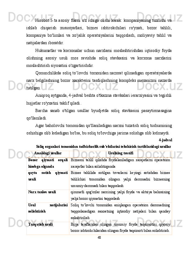 Hisobot 5 ta asosiy fikrni o'z ichiga olishi kerak: kompaniyaning tuzilishi va
ishlab   chiqarish   xususiyatlari,   biznes   ishtirokchilari   ro'yxati,   bozor   tahlili,
kompaniya   bo'limlari   va   xo'jalik   operatsiyalarini   taqqoslash,   moliyaviy   tahlil   va
natijalardan iboratdir.
Hukumatlar   va   korxonalar   uchun   narxlarni   moslashtirishdan   iqtisodiy   foyda
olishning   asosiy   usuli   mos   ravishda   soliq   stavkasini   va   korxona   narxlarini
moslashtirish siyosatini o'zgartirishdir.
Qonunchilikda soliq to‘lovchi tomonidan nazorat qilinadigan operatsiyalarda
narx belgilashning  bozor xarakterini  tasdiqlashning  kompleks mexanizmi nazarda
tutilgan. 
Aniqroq aytganda, 4-jadval beshta o'tkazma stavkalari ierarxiyasini va tegishli
hujjatlar ro'yxatini taklif qiladi.. 
Barcha   sanab   o'tilgan   usullar   byudjetda   soliq   stavkasini   pasaytirmasagina
qo'llaniladi.  
Agar baholovchi tomonidan qo'llaniladigan narxni tuzatish soliq tushumining
oshishiga olib keladigan bo'lsa, bu soliq to'lovchiga jarima solishga olib kelmaydi.
4 -jadval
Soliq organlari tomonidan tadbirkorlik sub'ektlarini tekshirish tartiblaridagi usullar
Amaldagi usullar Usulning tavsifi
Bozor   qiymati   orqali
hisobga olganda Biznesni   tahlil   qilishda   foydalaniladigan   xarajatlarni   operatsion
xarajatlar bilan solish tirganda
qayta   sotish   qiymati
usuli Biznes   tahlilida   sotilgan   tovarlarni   keyingi   sotishdan   biznes
tahlilchisi   tomonidan   olingan   yalpi   daromadni   biznesning
umumiy daromadi bilan taqqoslash
Narx  tanlov  usuli qimmatli   qog'ozlar   narxining   yalpi   foyda   va   aktsiya   bahosining
yalpi bozor qiymatini taqqoslash
Usul   natijalarini
solishtirish Soliq   to‘lovchi   tomonidan   aniqlangan   operatsion   daromadning
taqqoslanadigan   sanoatning   iqtisodiy   natijalari   bilan   qanday
solishtirilish
Tarqatish usuli Birja   taraflaridan   olingan   umumiy   foyda   taqsimotini   qiyosiy
bozor ishtirokchilaridan olingan foyda taqsimoti bilan solishtirish.
48