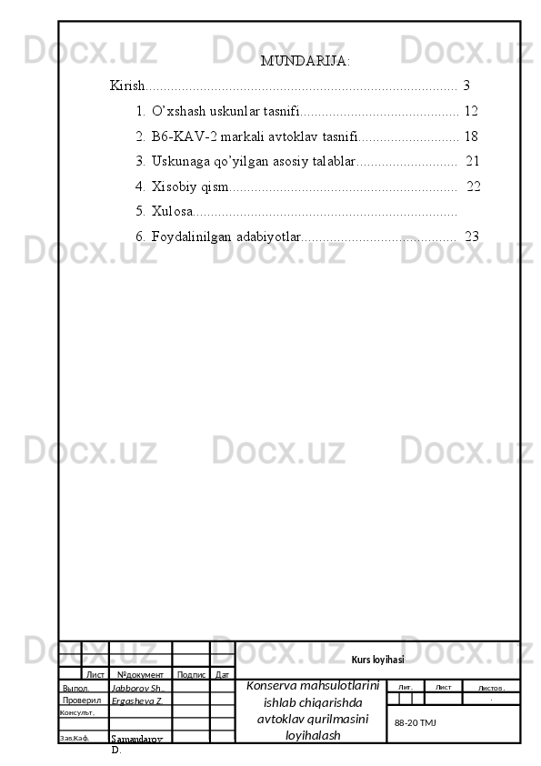 MUNDARIJA:
Kirish...................................................................................... 3
1. O’xshash uskunlar tasnifi............................................ 12
2. B6-KAV-2 markali avtoklav tasnifi............................ 18
3. Uskunaga qo’yilgan asosiy talablar............................  21
4. Xisobiy qism...............................................................  22
5. Xulosa.........................................................................
6. Foydalinilgan adabiyotlar...........................................  23
Лист № документ Подпис Дат
Лист
  Kurs loyihasi
  Выпол.
Jabborov Sh..
  Проверил
Ergasheva Z.
Консулът.
Зав.Каф.
Samandarov 
D . Konserva mahsulotlarini 
ishlab chiqarishda 
avtoklav qurilmasini 
loyihalash Лит.
Листов .
.
   8 8 -20 TMJ 