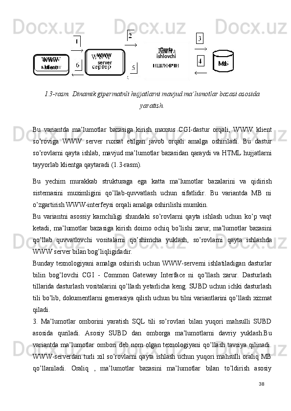 1.3-rasm. Dinamik gipermatnli hujjatlarni mavjud ma’lumotlar   bazasi asosida
yaratish. 
 
Bu   variantda   ma’lumotlar   bazasiga   kirish   maxsus   CGI-dastur   orqali,   WWW   klient
so’roviga   WWW   server   ruxsat   etilgan   javob   orqali   amalga   oshiriladi.   Bu   dastur
so’rovlarni qayta ishlab, mavjud ma’lumotlar bazasidan qaraydi va HTML hujjatlarni
tayyorlab klientga qaytaradi (1.3-rasm). 
Bu   yechim   murakkab   strukturaga   ega   katta   ma’lumotlar   bazalarini   va   qidirish
sistemasini   muximligini   qo’llab-quvvatlash   uchun   sifatlidir.   Bu   variantda   MB   ni
o’zgartirish WWW-interfeysi orqali amalga oshirilishi mumkin. 
Bu   variantni   asossiy   kamchiligi   shundaki   so’rovlarni   qayta   ishlash   uchun   ko’p   vaqt
ketadi,  ma’lumotlar  bazasiga  kirish  doimo  ochiq  bo’lishi   zarur,  ma’lumotlar  bazasini
qo’llab   quvvatlovchi   vositalarni   qo’shimcha   yuklash,   so’rovlarni   qayta   ishlashda
WWW server bilan bog’liqligidadir. 
Bunday   texnologiyani   amalga   oshirish   uchun   WWW-serverni   ishlatiladigan   dasturlar
bilin   bog’lovchi   CGI   -   Common   Gateway   Interface   ni   qo’llash   zarur.   Dasturlash
tillarida dasturlash vositalarini qo’llash yetarlicha keng. SUBD uchun ichki dasturlash
tili bo’lib, dokumentlarni generasiya qilish uchun bu tilni variantlarini qo’llash xizmat
qiladi. 
3.   Ma’lumotlar   omborini   yaratish   SQL   tili   so’rovlari   bilan   yuqori   mahsulli   SUBD
asosida   quriladi.   Asosiy   SUBD   dan   omborga   ma’lumotlarni   davriy   yuklash.Bu
variantda ma’lumotlar ombori deb nom olgan texnologiyani qo’llash tavsiya qilinadi.
WWW-serverdan turli  xil  so’rovlarni  qayta ishlash uchun yuqori  mahsulli  oraliq MB
qo’llaniladi.   Oraliq   ,   ma’lumotlar   bazasini   ma’lumotlar   bilan   to’ldirish   asosiy
  38   WWW 
klient  Qayta 
ishlovchi 
MB  WWW 
server  