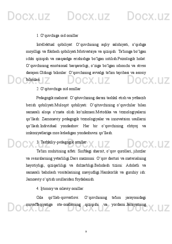 91. O‘quvchiga oid omillar
Intellektual   qobiliyat:   O‘quvchining   aqliy   salohiyati,   o‘qishga
moyilligi va fikrlash qobiliyati.Motivatsiya va qiziqish: Ta'limga bo‘lgan
ichki   qiziqish   va   maqsadga   erishishga   bo‘lgan   intilish.Psixologik   holat:
O‘quvchining   emotsional   barqarorligi,   o‘ziga   bo‘lgan   ishonchi   va   stress
darajasi.Oldingi  bilimlar:  O‘quvchining avvalgi  ta'lim  tajribasi  va asosiy
bilimlari.
2. O‘qituvchiga oid omillar
Pedagogik mahorat: O‘qituvchining darsni tashkil etish va yetkazib
berish   qobiliyati.Muloqot   qobiliyati:   O‘qituvchining   o‘quvchilar   bilan
samarali   aloqa   o‘rnata   olish   ko‘nikmasi.Metodika   va   texnologiyalarni
qo‘llash:   Zamonaviy   pedagogik   texnologiyalar   va   innovatsion   usullarni
qo‘llash.Individual   yondashuv:   Har   bir   o‘quvchining   ehtiyoj   va
imkoniyatlariga mos keladigan yondashuvni qo‘llash.
3. Tashkiliy-pedagogik omillar
Ta'lim  muhitining sifati:  Sinfdagi  sharoit, o‘quv qurollari, jihozlar
va resurslarning yetarliligi.Dars mazmuni: O‘quv dasturi va materialning
hayotiyligi,   qiziqarliligi   va   dolzarbligi.Baholash   tizimi:   Adolatli   va
samarali   baholash   vositalarining   mavjudligi.Hamkorlik   va   guruhiy   ish:
Jamoaviy o‘qitish usullaridan foydalanish.
4. Ijtimoiy va oilaviy omillar:
Oila   qo‘llab-quvvatlovi:   O‘quvchining   ta'lim   jarayonidagi
muvaffaqiyatiga   ota-onalarning   qiziqishi   va   yordami.Jamiyatning 