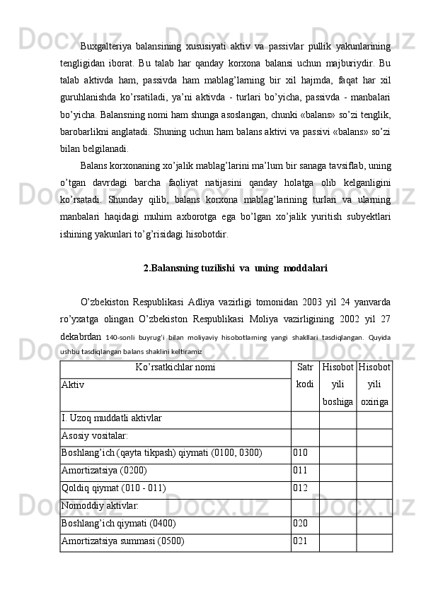 Buxgalteriya   balansining   xususiyati   aktiv   va   passivlar   pullik   yakunlarining
tengligidan   iborat.   Bu   talab   har   qanday   korxona   balansi   uchun   majburiydir.   Bu
talab   aktivda   ham,   passivda   ham   mablag’larning   bir   xil   hajmda,   faqat   har   xil
guruhlanishda   ko’rsatiladi,   ya’ni   aktivda   -   turlari   bo’yicha,   passivda   -   manbalari
bo’yicha. Balansning nomi ham shunga asoslangan, chunki «balans» so’zi tenglik,
barobarlikni anglatadi. Shuning uchun ham balans aktivi va passivi «balans» so’zi
bilan belgilanadi.
Balans korxonaning xo’jalik mablag’larini ma’lum  bir  sanaga tavsiflab, uning
o’tgan   davrdagi   barcha   faoliyat   natijasini   qanday   holatga   olib   kelganligini
ko’rsatadi.   Shunday   qilib,   balans   korxona   mablag’larining   turlari   va   ularning
manbalari   haqidagi   muhim   axborotga   ega   bo’lgan   xo’jalik   yuritish   subyektlari
ishining yakunlari to’g’risidagi hisobotdir.
2.Balansning tuzilishi  va  uning  moddalari
O’zbekiston   Respublikasi   Adliya   vazirligi   tomonidan   2003   yil   24   yanvarda
ro’yxatga   olingan   O’zbekiston   Respublikasi   Moliya   vazirligining   2002   yil   27
dekabrdan   140-sonli   buyrug’i   bilan   moliyaviy   hisobotlarning   yangi   shakllari   tasdiqlangan.   Quyida
ushbu tasdiqlangan balans shaklini keltiramiz
Ko’rsatkichlar nomi Satr
kodi H isobot
yili
boshiga H isobot
yili
oxirigaAktiv
I.  Uzoq muddatli aktivlar
Asosiy vositalar:
Boshlang’ich (qayta tikpash) qiymati (0100, 0300) 010
Amortizatsiya (0200) 011
Q oldiq qiymat (010 - 011) 012
Nomoddiy aktivlar:
Boshlang’ich qiymati (0400) 020
Amortizatsiya summasi (0500) 021 