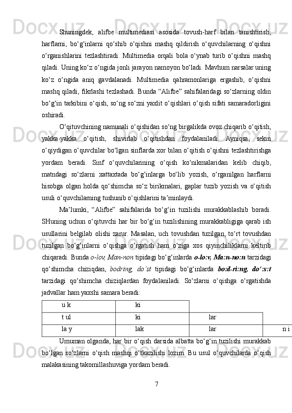 Shuningdek,   alifbe   multimediasi   asosida   tovush-harf   bilan   tanishtirish,
harflarni,   bo‘g‘inlarni   qo‘shib   o‘qishni   mashq   qildirish   o‘quvchilarning   o‘qishni
o‘rganishlarini   tezlashtiradi.   Multimedia   orqali   bola   o‘ynab   turib   o‘qishni   mashq
qiladi. Uning ko‘z o‘ngida jonli jarayon namoyon bo‘ladi. Mavhum narsalar uning
ko‘z   o‘ngida   aniq   gavdalanadi.   Multimedia   qahramonlariga   ergashib,   o‘qishni
mashq qiladi, fikrlashi tezlashadi. Bunda “Alifbe” sahifalaridagi so‘zlarning oldin
bo‘g‘in tarkibini o‘qish, so‘ng so‘zni yaxlit o‘qishlari o‘qish sifati samaradorligini
oshiradi.
O‘qituvchining namunali o‘qishidan so‘ng birgalikda ovoz chiqarib o‘qitish,
yakka-yakka   o‘qitish,   shivirlab   o‘qitishdan   foydalaniladi.   Ayniqsa,   sekin
o‘qiydigan o‘quvchilar bo‘lgan sinflarda xor bilan o‘qitish o‘qishni tezlashtirishga
yordam   beradi.   Sinf   o‘quvchilarining   o‘qish   ko‘nikmalaridan   kelib   chiqib,
matndagi   so‘zlarni   xattaxtada   bo‘g‘inlarga   bo‘lib   yozish,   o‘rganilgan   harflarni
hisobga   olgan   holda   qo‘shimcha   so‘z   birikmalari,   gaplar   tuzib   yozish   va   o‘qitish
usuli o‘quvchilarning tushunib o‘qishlarini ta’minlaydi.
Ma’lumki,   “Alifbe”   sahifalarida   bo‘g‘in   tuzilishi   murakkablashib   boradi.
SHuning   uchun   o‘qituvchi   har   bir   bo‘g‘in   tuzilishining   murakkabligiga   qarab   ish
usullarini   belgilab   olishi   zarur.   Masalan,   uch   tovushdan   tuzilgan,   to‘rt   tovushdan
tuzilgan   bo‘g‘inlarni   o‘qishga   o‘rgatish   ham   o‘ziga   xos   qiyinchiliklarni   keltirib
chiqaradi. Bunda  o-lov, Man-non  tipidagi bo‘g‘inlarda  o-lo:v, Ma:n-no:n  tarzidagi
qo‘shimcha   chiziqdan,   bodring,   do‘st   tipidagi   bo‘g‘inlarda   bo:d-ri:ng,   do‘:s:t
tarzidagi   qo‘shimcha   chiziqlardan   foydalaniladi.   So‘zlarni   o‘qishga   o‘rgatishda
jadvallar ham yaxshi samara beradi:
u k ki
t ul ki  lar
la y lak  lar  n i
Umuman olganda, har bir o‘qish darsida albatta bo‘g‘in tuzilishi  murakkab
bo‘lgan   so‘zlarni   o‘qish   mashqi   o‘tkazilishi   lozim.   Bu   usul   o‘quvchilarda   o‘qish
malakasining takomillashuviga yordam beradi.
7 