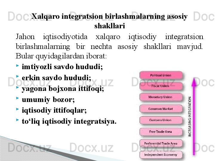 Xalqaro integratsion birlashmalarning asosiy 
shakllari
Jahon  iqtisodiyotida  xalqaro  iqtisodiy  integratsion 
birlashmalarning  bir  nechta  asosiy  shakllari  mavjud. 
Bular quyidagilardan iborat: 

imtiyozli savdo hududi;

erkin savdo hududi;

yagona bojxona ittifoqi;

umumiy bozor;

iqtisodiy ittifoqlar;

to‘liq iqtisodiy integratsiya.
IEI 11     