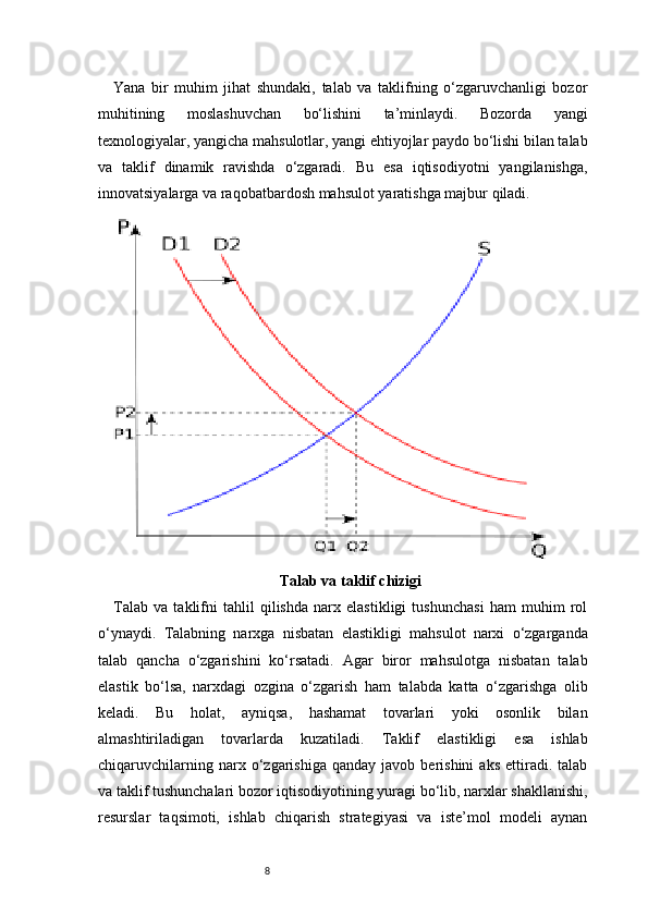 8Yana   bir   muhim   jihat   shundaki,   talab   va   taklifning   o‘zgaruvchanligi   bozor
muhitining   moslashuvchan   bo‘lishini   ta’minlaydi.   Bozorda   yangi
texnologiyalar, yangicha mahsulotlar, yangi ehtiyojlar paydo bo‘lishi bilan talab
va   taklif   dinamik   ravishda   o‘zgaradi.   Bu   esa   iqtisodiyotni   yangilanishga,
innovatsiyalarga va raqobatbardosh mahsulot yaratishga majbur qiladi.
Talab va taklif chizigi
Talab   va   taklifni   tahlil   qilishda   narx   elastikligi   tushunchasi   ham   muhim   rol
o‘ynaydi.   Talabning   narxga   nisbatan   elastikligi   mahsulot   narxi   o‘zgarganda
talab   qancha   o‘zgarishini   ko‘rsatadi.   Agar   biror   mahsulotga   nisbatan   talab
elastik   bo‘lsa,   narxdagi   ozgina   o‘zgarish   ham   talabda   katta   o‘zgarishga   olib
keladi.   Bu   holat,   ayniqsa,   hashamat   tovarlari   yoki   osonlik   bilan
almashtiriladigan   tovarlarda   kuzatiladi.   Taklif   elastikligi   esa   ishlab
chiqaruvchilarning   narx  o‘zgarishiga   qanday  javob   berishini   aks   ettiradi.   talab
va taklif tushunchalari bozor iqtisodiyotining yuragi bo‘lib, narxlar shakllanishi,
resurslar   taqsimoti,   ishlab   chiqarish   strategiyasi   va   iste’mol   modeli   aynan 