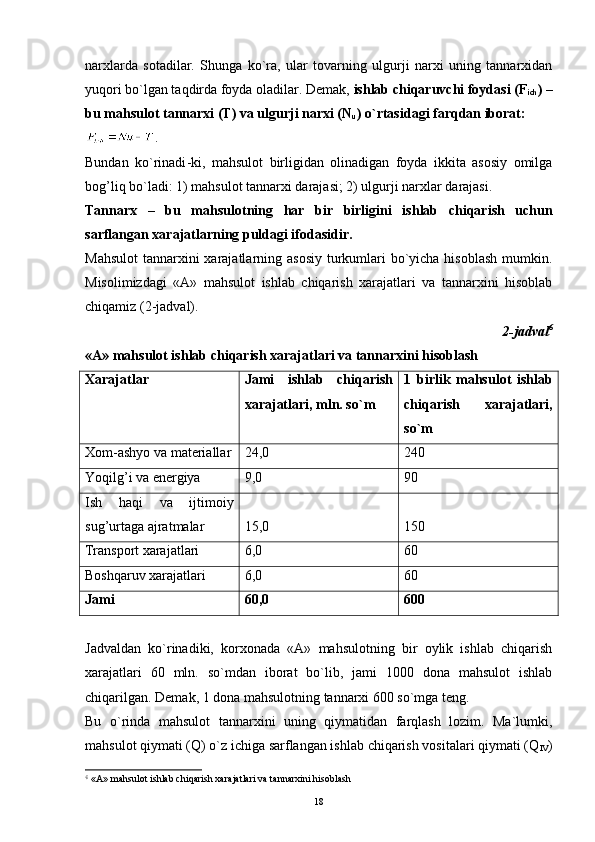 18narxlarda   sotadilar.   Shunga   ko`ra,   ular   tovarning   ulgurji   narxi   uning   tannarxidan
yuqori bo`lgan taqdirda foyda oladilar. Demak,  ishlab chiqaruvchi foydasi (F
ich ) –
bu mahsulot tannarxi (T) va ulgurji narxi (N
u ) o`rtasidagi farqdan iborat:
.
Bundan   ko`rinadi - ki,   mahsulot   birligidan   olinadigan   foyda   ikkita   asosiy   omilga
bog’liq bo`ladi: 1) mahsulot tannarxi darajasi; 2) ulgurji narxlar darajasi.
Tannarx   –   bu   mahsulotni ng   har   bir   birligini   ishlab   chiqarish   uchun
sarflangan xarajatlarning puldagi ifodasidir.  
Mahsulot  tannarxini xarajatlarning asosiy turkumlari  bo`yicha hisoblash mumkin.
Misolimizdagi   «A»   mahsulot   ishlab   chiqarish   xarajatlari   va   tannarxini   hisoblab
chiqamiz (2-jadval). 
2-jadval 6
«A» mahsulot ishlab chiqarish xarajatlari va tannarxini hisoblash
Xarajatlar Jami   ishlab   chiqarish
xarajatlari, mln. so`m 1   birlik   mahsulot   ishlab
chiqarish   xarajatlari,
so`m
Xom - ashyo va materiallar 24,0 240
Y o qilg’i va energiya 9,0 90
Ish   haqi   va   ijtimoiy
sug’urtaga ajratmalar 15,0 150
Transport xarajatlari 6,0 60
Boshqaruv xarajatlari 6,0 60
Jami 60,0 600
Jadvaldan   ko`rinadiki,   korxonada   «A»   mahsulotning   bir   oylik   ishlab   chiqarish
xarajatlari   60   mln.   so`mdan   iborat   bo`lib,   jami   1000   dona   mahsulot   ishlab
chiqarilgan.  Demak, 1 dona mahsulotning tannarxi 600 so`mga teng.
Bu   o`rinda   mahsulot   tannarxini   uning   qiymatidan   farqlash   lozim.   Ma`lumki,
mahsulot qiymati (Q) o`z ichiga sarflangan ishlab chiqarish vositalari qiymati (Q
IV )
6
 «A» mahsulot ishlab chiqarish xarajatlari va tannarxini hisoblash
