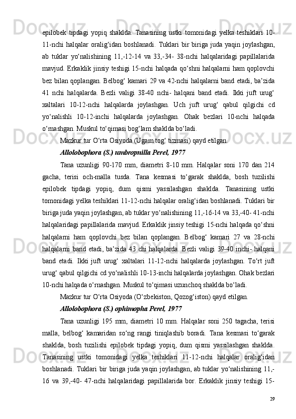 epilobek   tipdagi   yopiq   shaklda.   Tanasining   ustki   tomonidagi   yelka   teshiklari   10-
11-nchi   halqalar   oralig‘idan   boshlanadi.   Tuklari   bir   biriga   juda   yaqin  joylashgan,
ab   tuklar   yo‘nalishining   11,-12-14   va   33,-34-   38-nchi   halqalaridagi   papillalarida
mavjud. Erkaklik jinsiy teshigi 15-nchi halqada qo‘shni halqalarni ham qoplovchi
bez bilan qoplangan. Belbog‘ kamari 29 va 42-nchi halqalarni band etadi, ba’zida
41   nchi   halqalarda.   Bezli   valigi   38-40   nchi-   halqani   band   etadi.   Ikki   juft   urug‘
xaltalari   10-12-nchi   halqalarda   joylashgan.   Uch   juft   urug‘   qabul   qilgichi   cd
yo‘nalishli   10-12-inchi   halqalarda   joylashgan.   Ohak   bezlari   10-nchi   halqada
o‘rnashgan. Muskul to‘qimasi bog‘lam shaklda bo‘ladi.
Mazkur tur O‘rta Osiyoda (Ugam tog‘ tizmasi) qayd etilgan. 
Allolobophora (S.) umbropnilla Perel, 1977
Tana   uzunligi   90-170   mm,   diametri   8-10   mm.   Halqalar   soni   170   dan   214
gacha,   terisi   och-malla   tusda.   Tana   kesmasi   to‘garak   shaklda,   bosh   tuzilishi
epilobek   tipdagi   yopiq,   dum   qismi   yassilashgan   shaklda.   Tanasining   ustki
tomonidagi yelka teshiklari 11-12-nchi halqalar oralig‘idan boshlanadi. Tuklari bir
biriga juda yaqin joylashgan, ab tuklar yo‘nalishining 11,-16-14 va 33,-40- 41-nchi
halqalaridagi papillalarida mavjud. Erkaklik jinsiy teshigi 15-nchi halqada qo‘shni
halqalarni   ham   qoplovchi   bez   bilan   qoplangan.   Belbog‘   kamari   27   va   28-nchi
halqalarni band etadi, ba’zida 43 chi halqalarda. Bezli  valigi 39-40 inchi- halqani
band   etadi.   Ikki   juft   urug‘   xaltalari   11-12-nchi   halqalarda   joylashgan.   To‘rt   juft
urug‘ qabul qilgichi cd yo‘nalishli 10-13-inchi halqalarda joylashgan. Ohak bezlari
10-nchi halqada o‘rnashgan. Muskul to‘qimasi uzunchoq shaklda bo‘ladi.
Mazkur tur O‘rta Osiyoda (O‘zbekiston, Qozog‘iston) qayd etilgan. 
Allolobophora (S.) ophimopha Perel, 1977
Tana   uzunligi   195   mm,   diametri   10   mm.   Halqalar   soni   250   tagacha,   terisi
malla,   belbog‘   kamaridan   so‘ng   rangi   tiniqlashib   boradi.   Tana   kesmasi   to‘garak
shaklda,   bosh   tuzilishi   epilobek   tipdagi   yopiq,   dum   qismi   yassilashgan   shaklda.
Tanasining   ustki   tomonidagi   yelka   teshiklari   11-12-nchi   halqalar   oralig‘idan
boshlanadi. Tuklari bir biriga juda yaqin joylashgan, ab tuklar yo‘nalishining 11,-
16   va   39,-40-   47-nchi   halqalaridagi   papillalarida   bor.   Erkaklik   jinsiy   teshigi   15-
29 