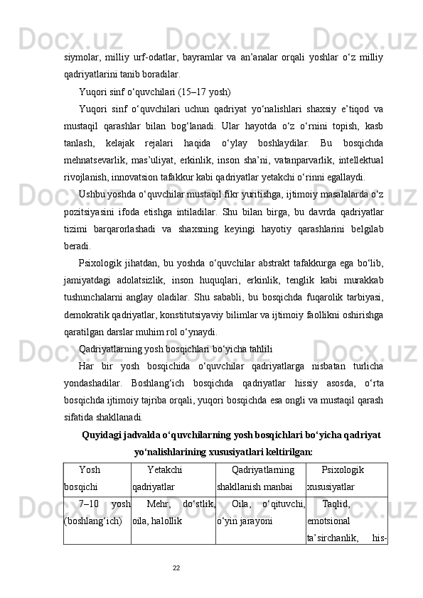 22siymolar,   milliy   urf-odatlar,   bayramlar   va   an’analar   orqali   yoshlar   o‘z   milliy
qadriyatlarini tanib boradilar.
Yuqori sinf o‘quvchilari (15–17 yosh)
Yuqori   sinf   o‘quvchilari   uchun   qadriyat   yo‘nalishlari   shaxsiy   e’tiqod   va
mustaqil   qarashlar   bilan   bog‘lanadi.   Ular   hayotda   o‘z   o‘rnini   topish,   kasb
tanlash,   kelajak   rejalari   haqida   o‘ylay   boshlaydilar.   Bu   bosqichda
mehnatsevarlik,   mas’uliyat,   erkinlik,   inson   sha’ni,   vatanparvarlik,   intellektual
rivojlanish, innovatsion tafakkur kabi qadriyatlar yetakchi o‘rinni egallaydi.
Ushbu yoshda o‘quvchilar mustaqil fikr yuritishga, ijtimoiy masalalarda o‘z
pozitsiyasini   ifoda   etishga   intiladilar.   Shu   bilan   birga,   bu   davrda   qadriyatlar
tizimi   barqarorlashadi   va   shaxsning   keyingi   hayotiy   qarashlarini   belgilab
beradi.
Psixologik   jihatdan,   bu   yoshda   o‘quvchilar   abstrakt   tafakkurga   ega   bo‘lib,
jamiyatdagi   adolatsizlik,   inson   huquqlari,   erkinlik,   tenglik   kabi   murakkab
tushunchalarni   anglay   oladilar.   Shu   sababli,   bu   bosqichda   fuqarolik   tarbiyasi,
demokratik qadriyatlar, konstitutsiyaviy bilimlar va ijtimoiy faollikni oshirishga
qaratilgan darslar muhim rol o‘ynaydi.
Qadriyatlarning yosh bosqichlari bo‘yicha tahlili
Har   bir   yosh   bosqichida   o‘quvchilar   qadriyatlarga   nisbatan   turlicha
yondashadilar.   Boshlang‘ich   bosqichda   qadriyatlar   hissiy   asosda,   o‘rta
bosqichda ijtimoiy tajriba orqali, yuqori bosqichda esa ongli va mustaqil qarash
sifatida shakllanadi.
Quyidagi jadvalda o‘quvchilarning yosh bosqichlari bo‘yicha qadriyat
yo‘nalishlarining xususiyatlari keltirilgan:
Yosh
bosqichi Yetakchi
qadriyatlar Qadriyatlarning
shakllanish manbai Psixologik
xususiyatlar
7–10   yosh
(boshlang‘ich) Mehr,   do‘stlik,
oila, halollik Oila,   o‘qituvchi,
o‘yin jarayoni Taqlid,
emotsional
ta’sirchanlik,   his- 