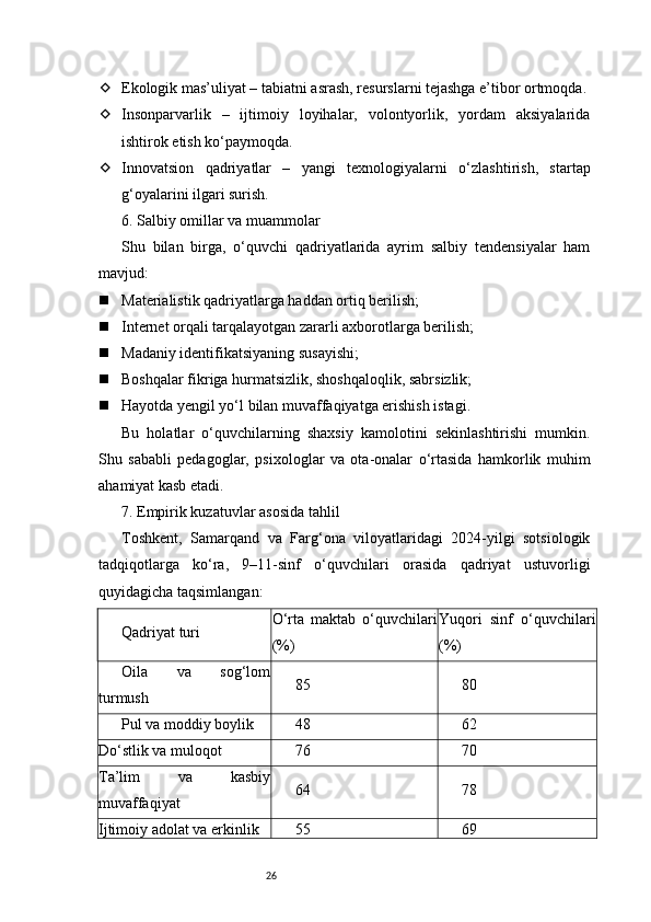 26 Ekologik mas’uliyat – tabiatni asrash, resurslarni tejashga e’tibor ortmoqda.
 Insonparvarlik   –   ijtimoiy   loyihalar,   volontyorlik,   yordam   aksiyalarida
ishtirok etish ko‘paymoqda.
 Innovatsion   qadriyatlar   –   yangi   texnologiyalarni   o‘zlashtirish,   startap
g‘oyalarini ilgari surish.
6. Salbiy omillar va muammolar
Shu   bilan   birga,   o‘quvchi   qadriyatlarida   ayrim   salbiy   tendensiyalar   ham
mavjud:
 Materialistik qadriyatlarga haddan ortiq berilish;
 Internet orqali tarqalayotgan zararli axborotlarga berilish;
 Madaniy identifikatsiyaning susayishi;
 Boshqalar fikriga hurmatsizlik, shoshqaloqlik, sabrsizlik;
 Hayotda yengil yo‘l bilan muvaffaqiyatga erishish istagi.
Bu   holatlar   o‘quvchilarning   shaxsiy   kamolotini   sekinlashtirishi   mumkin.
Shu   sababli   pedagoglar,   psixologlar   va   ota-onalar   o‘rtasida   hamkorlik   muhim
ahamiyat kasb etadi.
7. Empirik kuzatuvlar asosida tahlil
Toshkent,   Samarqand   va   Farg‘ona   viloyatlaridagi   2024-yilgi   sotsiologik
tadqiqotlarga   ko‘ra,   9–11-sinf   o‘quvchilari   orasida   qadriyat   ustuvorligi
quyidagicha taqsimlangan:
Qadriyat turi O‘rta   maktab   o‘quvchilari
(%) Yuqori   sinf   o‘quvchilari
(%)
Oila   va   sog‘lom
turmush 85 80
Pul va moddiy boylik 48 62
Do‘stlik va muloqot 76 70
Ta’lim   va   kasbiy
muvaffaqiyat 64 78
Ijtimoiy adolat va erkinlik 55 69 