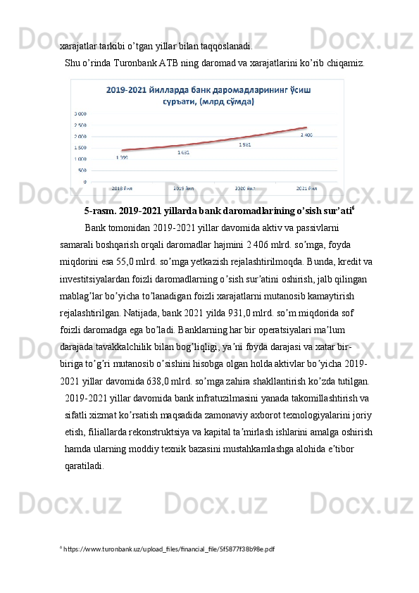 xarajatlar tarkibi o’tgan yillar bilan taqqoslanadi.
Shu o’rinda Turonbank ATB ning daromad va xarajatlarini ko’rib chiqamiz.
5-rasm. 2019-2021 yillarda bank daromadlarining o’sish sur’ati 6
Bank tomonidan 2019-2021 yillar davomida aktiv va passivlarni 
samarali boshqarish orqali daromadlar hajmini 2 406 mlrd. so mga, foyda ʼ
miqdorini esa 55,0 mlrd. so mga yetkazish rejalashtirilmoqda. Bunda, kredit va	
ʼ
investitsiyalardan foizli daromadlarning o sish sur atini oshirish, jalb qilingan 	
ʼ ʼ
mablag lar bo yicha to lanadigan foizli xarajatlarni mutanosib kamaytirish 	
ʼ ʼ ʼ
rejalashtirilgan. Natijada, bank 2021 yilda 931,0 mlrd. so m miqdorida sof 	
ʼ
foizli daromadga ega bo ladi. Banklarning har bir operatsiyalari ma lum 	
ʼ ʼ
darajada tavakkalchilik bilan bog liqligi, ya ni foyda darajasi va xatar bir-	
ʼ ʼ
biriga to g ri mutanosib o sishini hisobga olgan holda aktivlar bo yicha 2019-	
ʼ ʼ ʼ ʼ
2021 yillar davomida 638,0 mlrd. so mga zahira shakllantirish ko zda tutilgan.	
ʼ ʼ
2019-2021 yillar davomida bank infratuzilmasini yanada takomillashtirish va 
sifatli xizmat ko rsatish maqsadida zamonaviy axborot texnologiyalarini joriy 	
ʼ
etish, filiallarda rekonstruktsiya va kapital ta mirlash ishlarini amalga oshirish	
ʼ
hamda ularning moddiy texnik bazasini mustahkamlashga alohida e tibor 	
ʼ
qaratiladi.
6
 https://www.turonbank.uz/upload_files/financial_file/5f5877f38b98e.pdf 