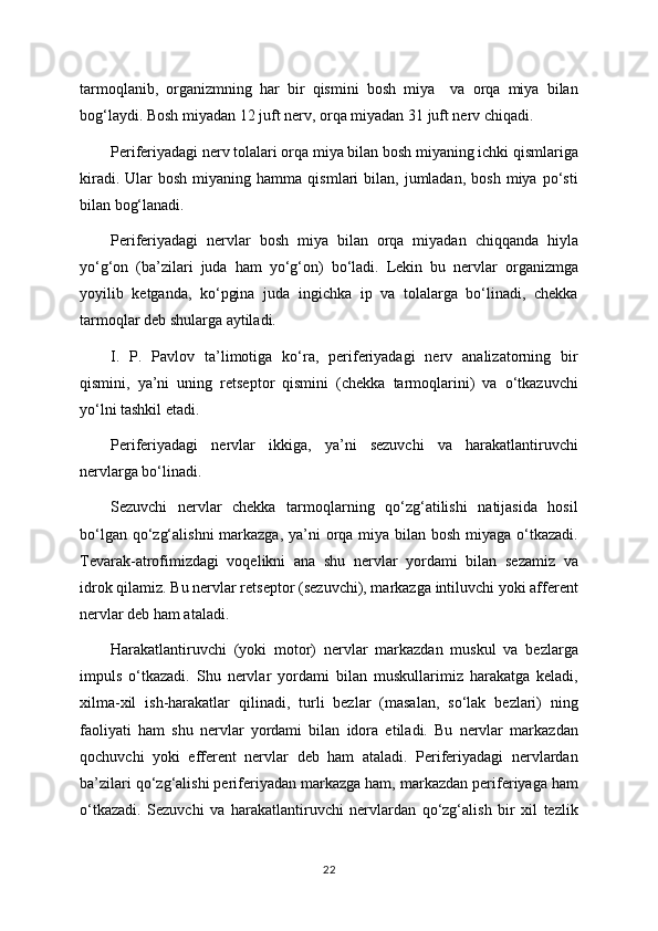 tarmoqlanib,   organizmning   har   bir   qismini   bosh   miya     va   orqa   miya   bilan
bog‘laydi. Bosh miyadan 12 juft nerv, orqa miyadan 31 juft nerv chiqadi.
Periferiyadagi nerv tolalari orqa miya bilan bosh miyaning ichki qismlariga
kiradi.  Ular  bosh   miyaning   hamma  qismlari   bilan,   jumladan,   bosh  miya  po‘sti
bilan bog‘lanadi.
Periferiyadagi   nervlar   bosh   miya   bilan   orqa   miyadan   chiqqanda   hiyla
yo‘g‘on   (ba’zilari   juda   ham   yo‘g‘on)   bo‘ladi.   Lekin   bu   nervlar   organizmga
yoyilib   ketganda,   ko‘pgina   juda   ingichka   ip   va   tolalarga   bo‘linadi,   chekka
tarmoqlar deb shularga aytiladi.
I.   P.   Pavlov   ta’limotiga   ko‘ra,   periferiyadagi   nerv   analizatorning   bir
qismini,   ya’ni   uning   retseptor   qismini   (chekka   tarmoqlarini)   va   o‘tkazuvchi
yo‘lni tashkil etadi.
Periferiyadagi   nervlar   ikkiga,   ya’ni   sezuvchi   va   harakatlantiruvchi
nervlarga bo‘linadi.
Sezuvchi   nervlar   chekka   tarmoqlarning   qo‘zg‘atilishi   natijasida   hosil
bo‘lgan qo‘zg‘alishni  markazga, ya’ni orqa miya bilan bosh miyaga o‘tkazadi.
Tevarak-atrofimizdagi   voqelikni   ana   shu   nervlar   yordami   bilan   sezamiz   va
idrok qilamiz. Bu nervlar retseptor (sezuvchi), markazga intiluvchi yoki afferent
nervlar deb ham ataladi.
Harakatlantiruvchi   (yoki   motor)   nervlar   markazdan   muskul   va   bezlarga
impuls   o‘tkazadi.   Shu   nervlar   yordami   bilan   muskullarimiz   harakatga   keladi,
xilma-xil   ish-harakatlar   qilinadi,   turli   bezlar   (masalan,   so‘lak   bezlari)   ning
faoliyati   ham   shu   nervlar   yordami   bilan   idora   etiladi.   Bu   nervlar   markazdan
qochuvchi   yoki   efferent   nervlar   deb   ham   ataladi.   Periferiyadagi   nervlardan
ba’zilari qo‘zg‘alishi periferiyadan markazga ham, markazdan periferiyaga ham
o‘tkazadi.   Sezuvchi   va   harakatlantiruvchi   nervlardan   qo‘zg‘alish   bir   xil   tezlik
22 