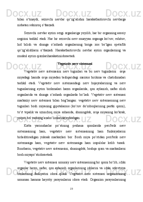 bilan   o‘tmaydi;   sezuvchi   nervlar   qo‘zg‘alishni   harakatlantiruvchi   nervlarga
nisbatan sekinroq o‘tkazadi.
Sezuvchi nervlar ayrim sezgi organlariga yoyilib, har bir organning asosiy
negizini tashkil etadi. Har bir sezuvchi  nerv muayyan organga ko‘ruv, eshituv,
hid   bilish   va   shunga   o‘xshash   organlarning   biriga   xos   bo‘lgan   spetsifik
qo‘zg‘alishlarni   o‘tkazadi.   Harakatlantiruvchi   nervlar   ayrim   organlarning   va
muskul ayrim qismlariharakatiniidoraetadi.
Vegetativ nerv sistemasi
Vegetativ   nerv   sistemasini   nerv   tugunlari   va   bu   nerv   tugunlarini     orqa
miyadagi   hamda   orqa   miyadan   tashqaridagi   maxsus   birikma   va   chatishmalari
tashkil   etadi.   Vegetativ   nerv   sistemasidagi   nerv   hujayralarining   va   nerv
tugunlarining   ayrim   birikmalari   hazm   organlarida,   qon   aylanish,   nafas   olish
organlarida   va   shunga   o‘xshash   organlarda   bo‘ladi.   Vegetativ   nerv   sistemasi
markaziy   nerv   sistemasi   bilan   bog‘langan:   vegetativ   nerv   sistemasining   nerv
tugunlari   bosh   miyaning   gipotalamus   (ko‘ruv   do‘mboqlarining   pastki   qismi),
to‘rt   tepalik   va   uzunchoq   miya   sohasida,   shuningdek,   orqa   miyaning   ko‘krak,
yuqori bel vadumg‘azabo‘limlaridajoylashgan.
Katta   yarimsharlar   po‘stining   peshana   qismlarida   periferik   nerv
sistemasining   ham,   vegetativ   nerv   sistemasining   ham   funksiyalarini
birlashtiradigan   yuksak   markazlari   bor.   Bosh   miya   po‘stidan   periferik   nerv
sistemasiga   ham,   vegetativ   nerv   sistemasiga   ham   impulslar   kelib   turadi.
Binobarin, vegetativ nerv sistemasini, shuningdek, boshqa qism va markazlarni
bosh miyapo‘stiidoraetadi.
Vegetativ nerv sistemasi umumiy nerv sistemasining bir qismi bo‘lib, ichki
organlar   hazm,   nafas,   qon   aylanish   organlarining   ishlarini   va   ichki   sekretsiya
bezlarining   faoliyatini   idora   qiladi.   Vegetativ   nerv   sistemasi   organizmning
umuman   hamma   hayotiy   jarayonlarini   idora   etadi.   Organizm   jarayonlarining
23 